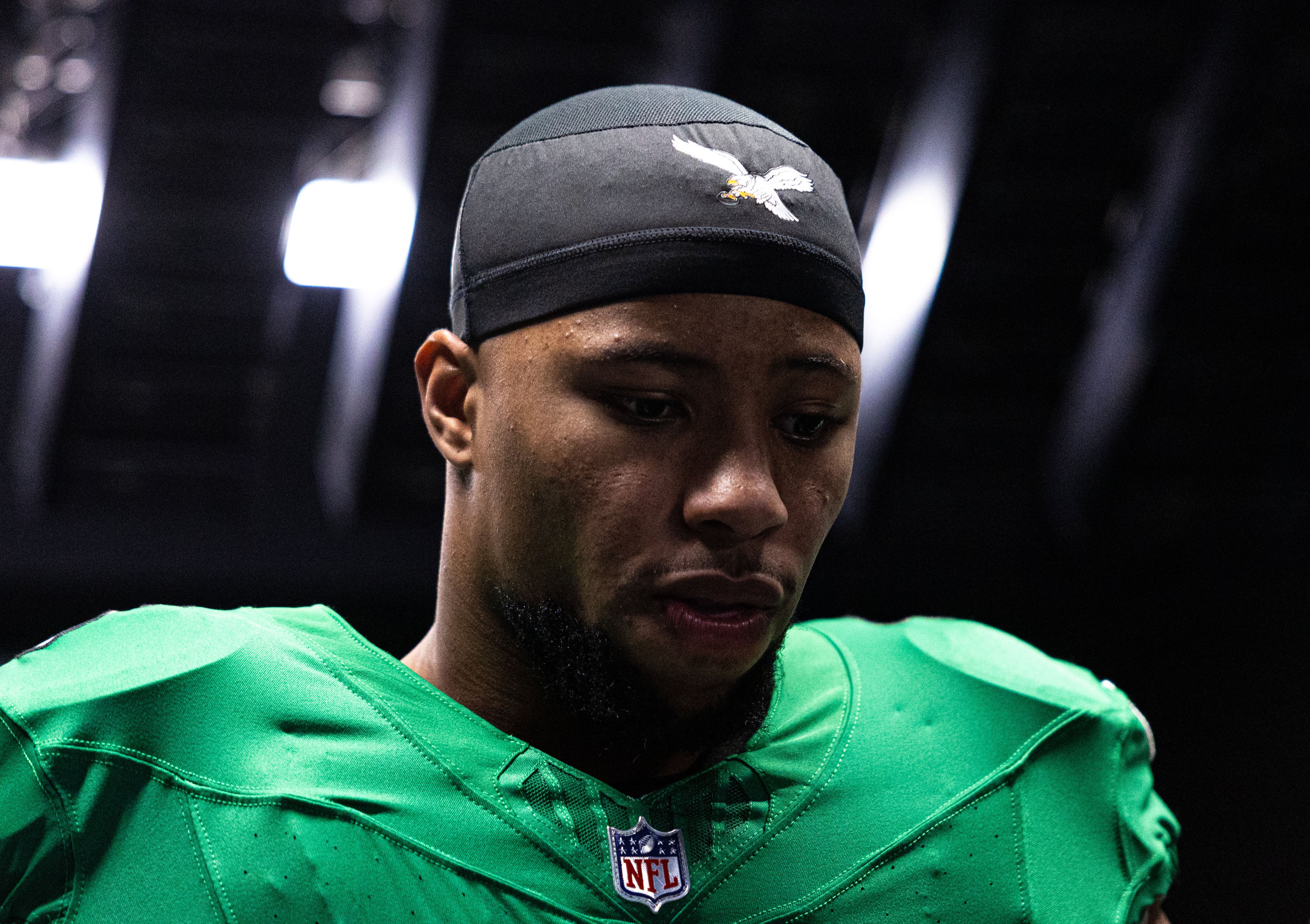 Dec 29, 2024; Philadelphia, Pennsylvania, USA; Philadelphia Eagles running back Saquon Barkley (26) walks from the tunnel for a game against the Dallas Cowboys at Lincoln Financial Field.