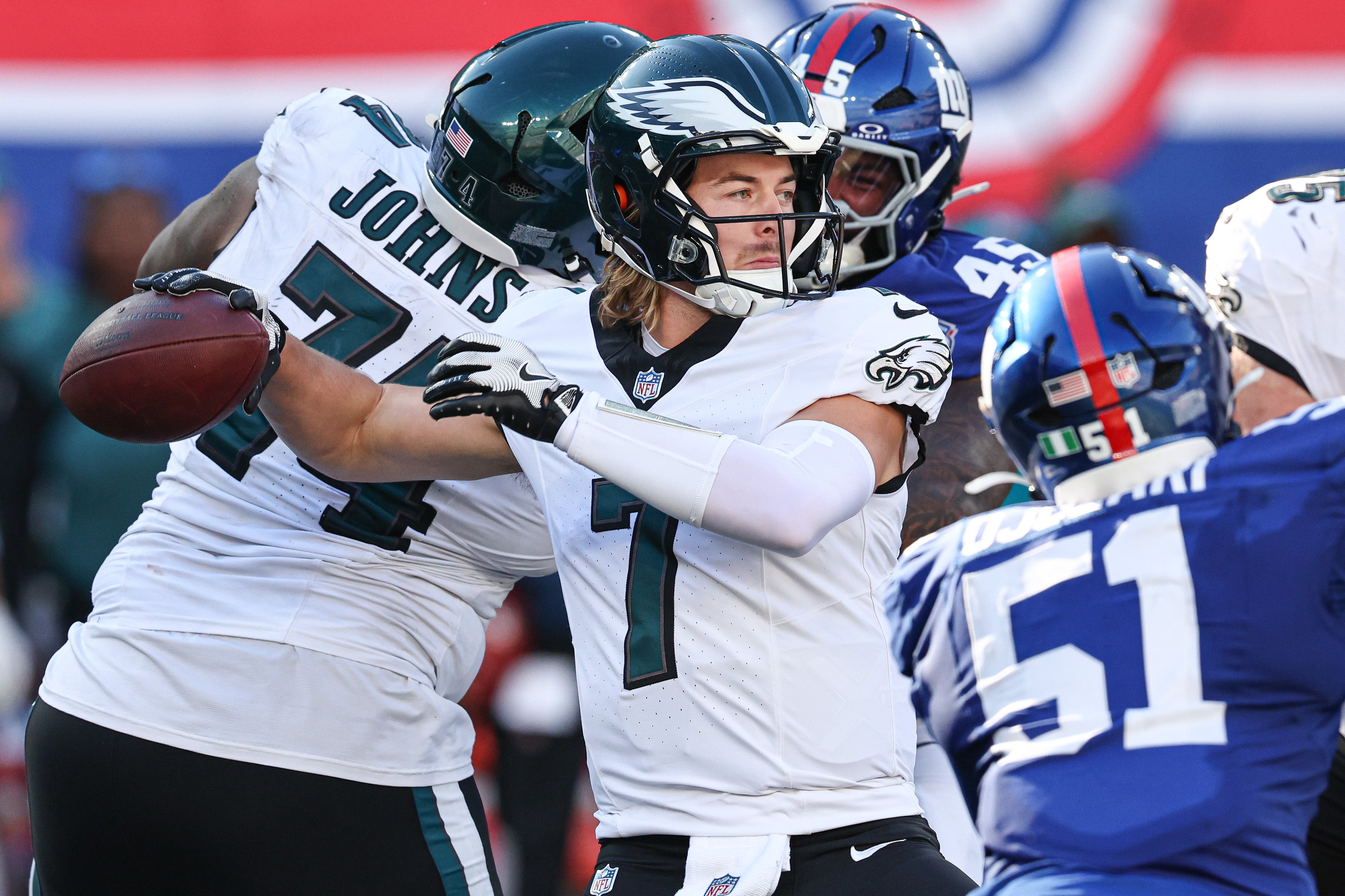 Philadelphia Eagles quarterback Kenny Pickett (7) throws the ball during the second half against the New York Giants at MetLife Stadium.