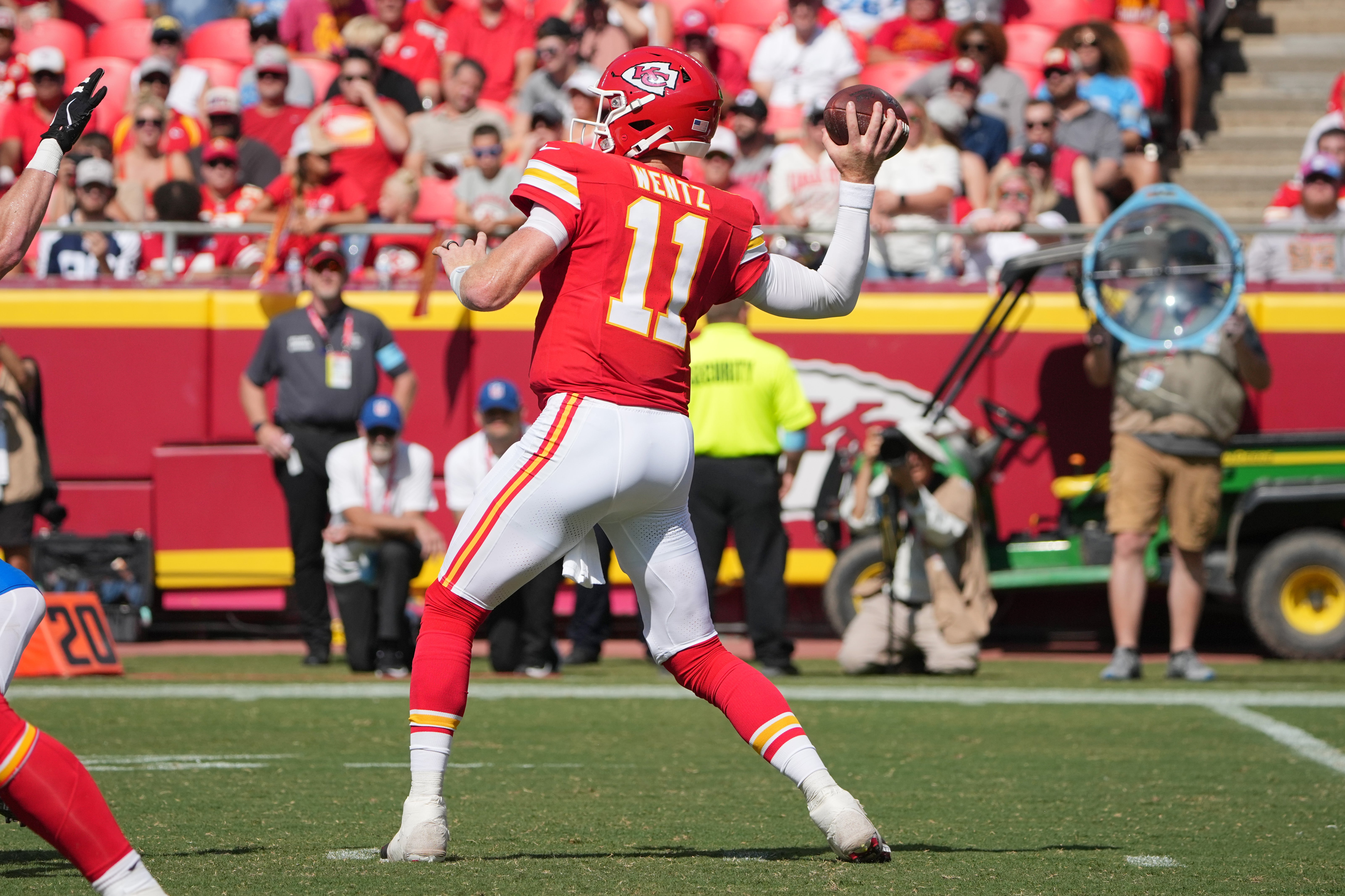 Chiefs quarterback Carson Wentz (11) throws a pass against the Lions
