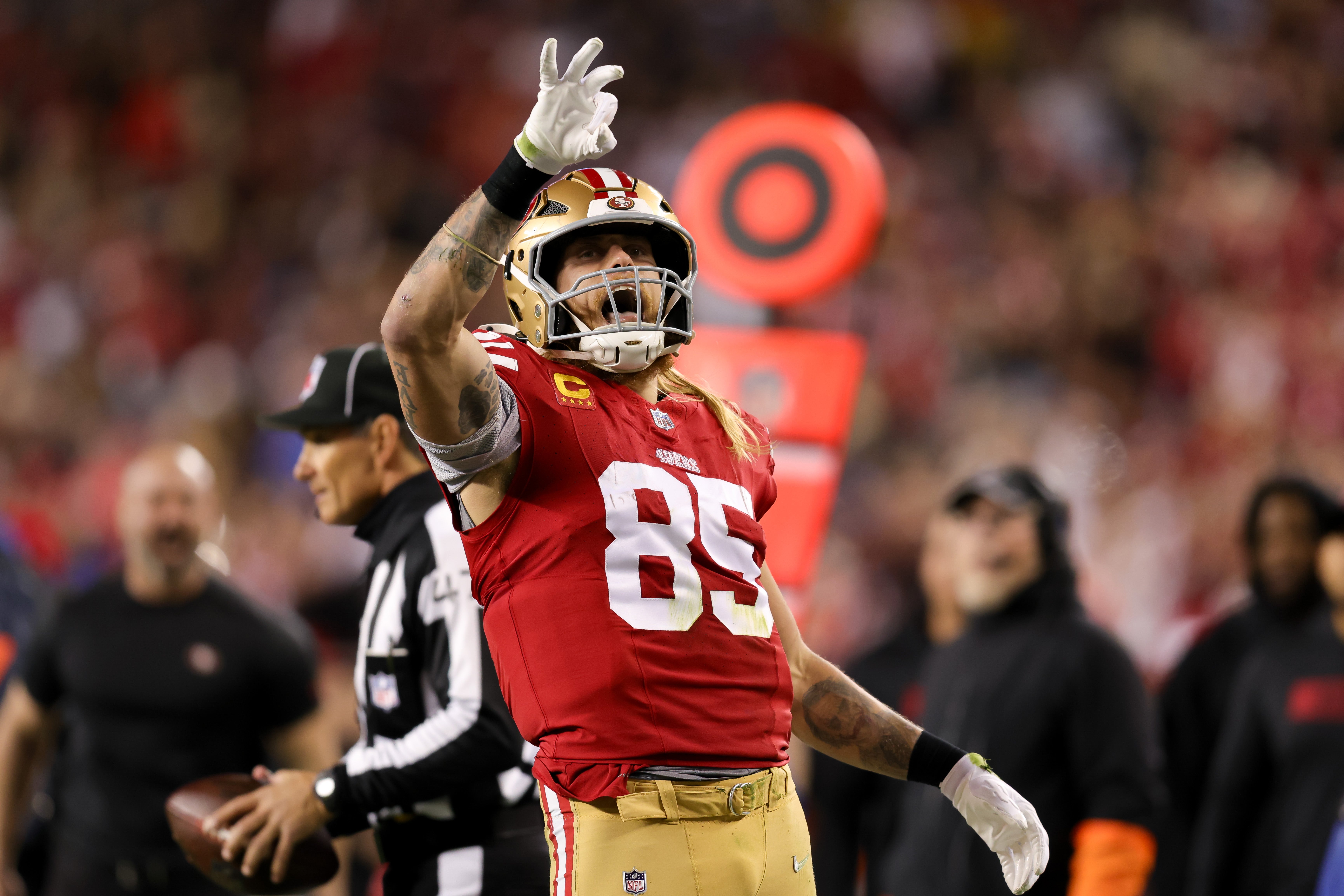 San Francisco 49ers tight end George Kittle (85) celebrates after a play during the first quarter against the Detroit Lions at Levi's Stadium.