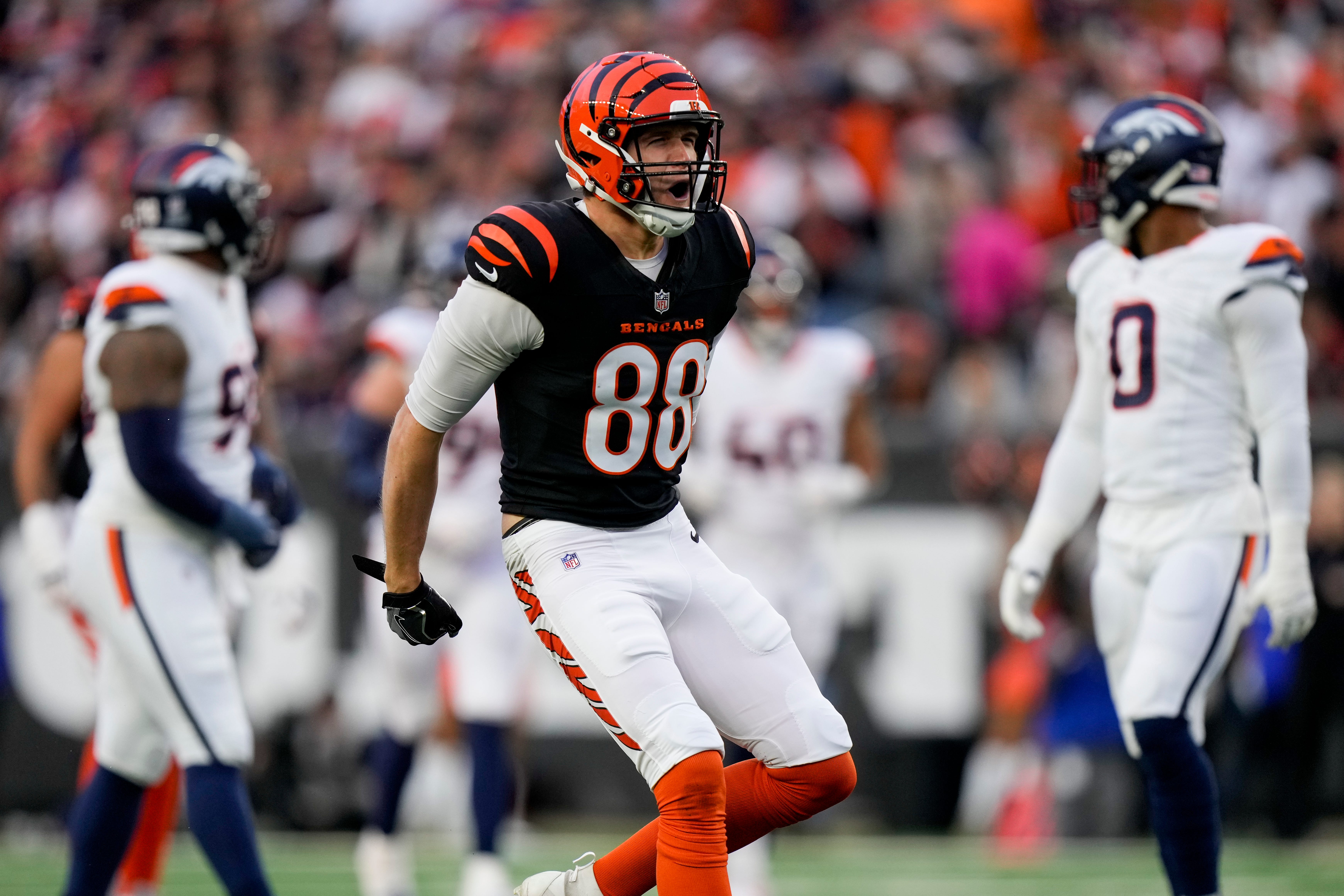 Cincinnati Bengals tight end Mike Gesicki (88) celebrates a first down reception in the first quarter of the NFL Week 17 game between the Cincinnati Bengals and the Denver Broncos at Paycor Stadium in downtown Cincinnati on Saturday, Dec. 28, 2024.