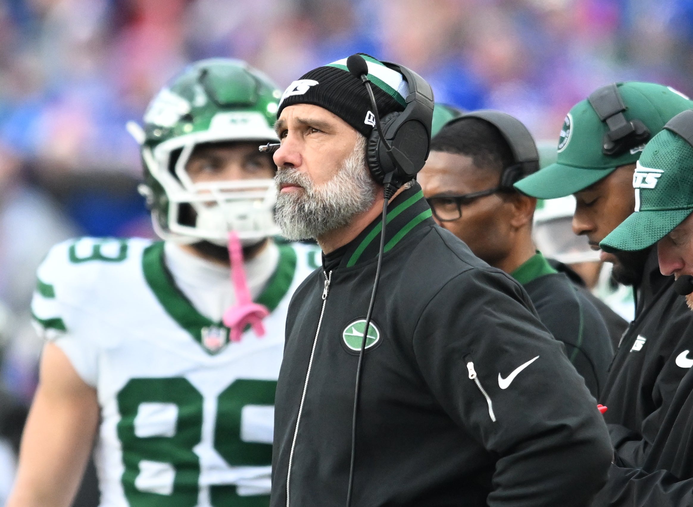 New York Jets head coach Jeff Ulbrich on the sideline in the third quarter against the Buffalo Bills at Highmark Stadium.