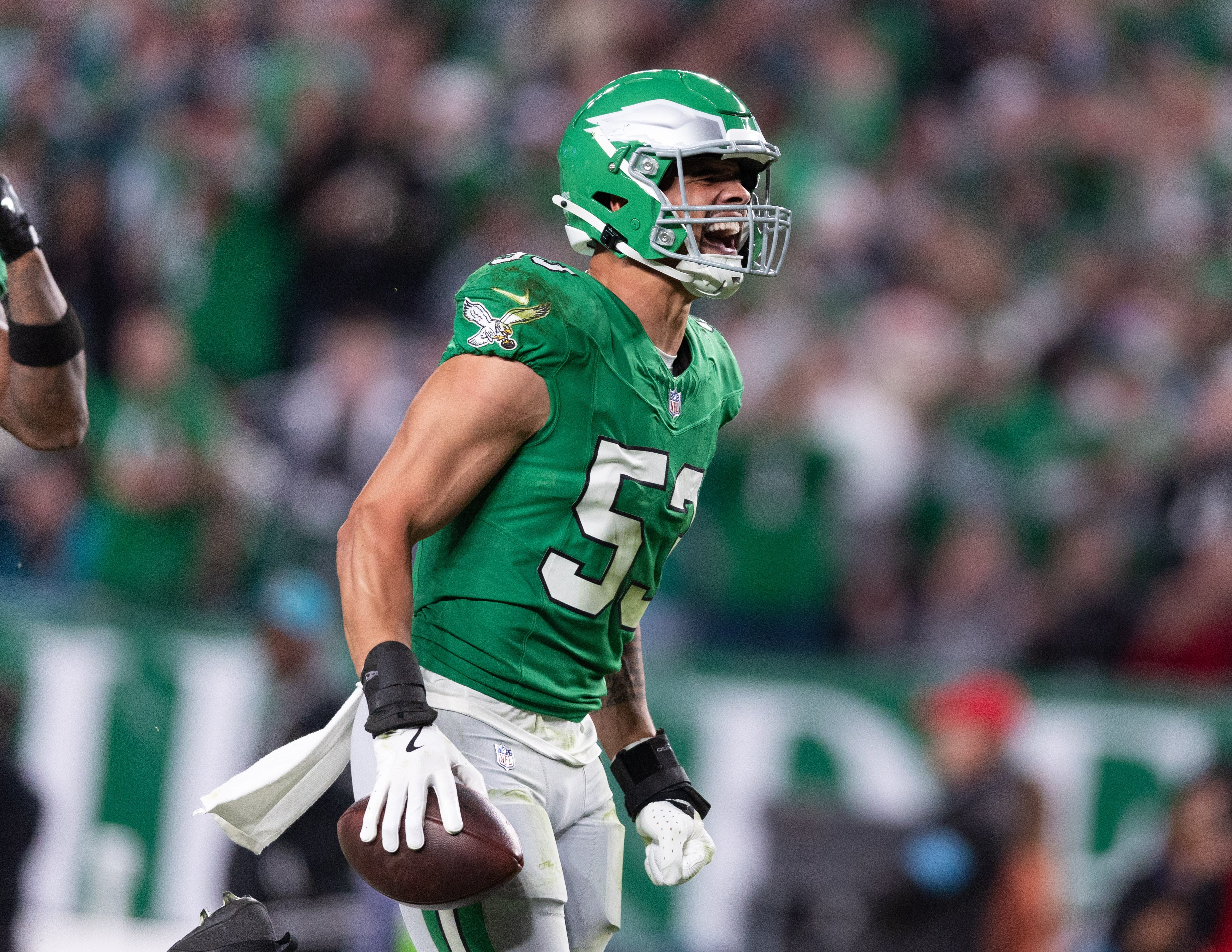 Philadelphia Eagles linebacker Zack Baun (53) reacts after his interception against the Jacksonville Jaguars during the second quarter at Lincoln Financial Field.