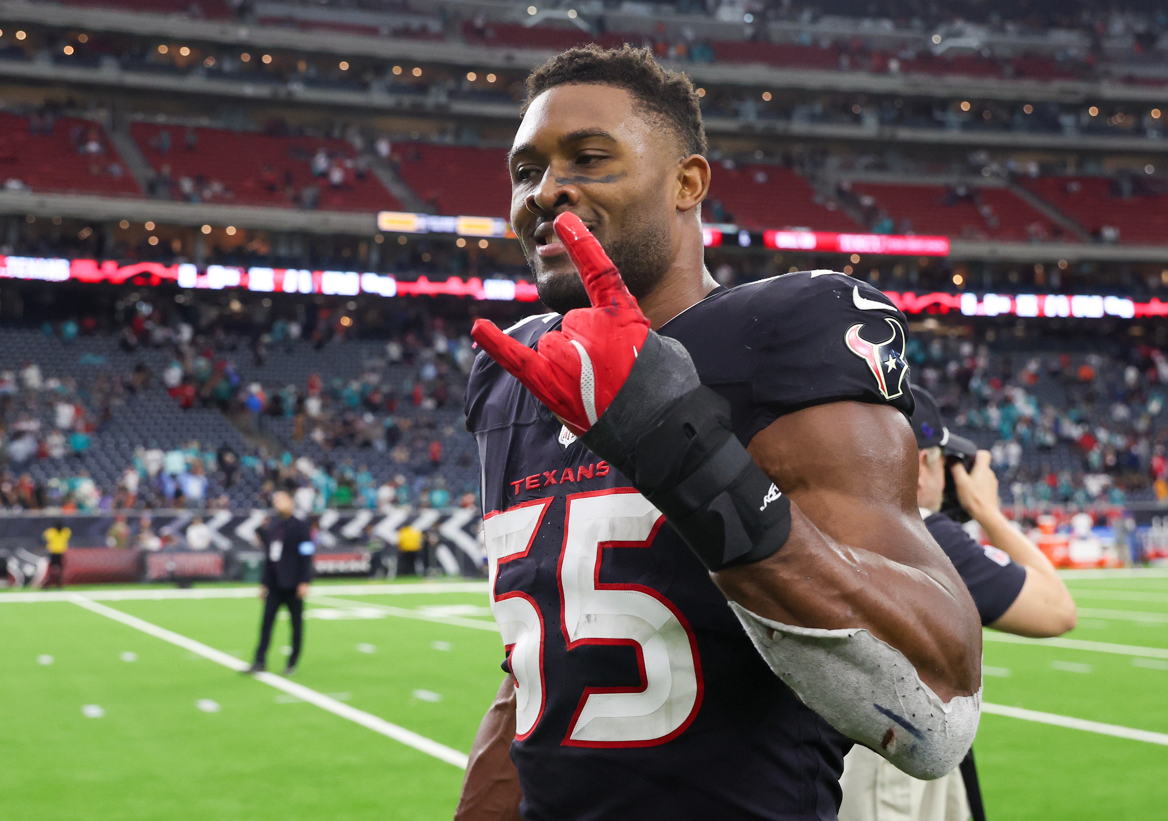 Dec 15, 2024; Houston, Texas, USA; Houston Texans defensive end Danielle Hunter (55) reacts after a game against the Miami Dolphins at NRG Stadium.
