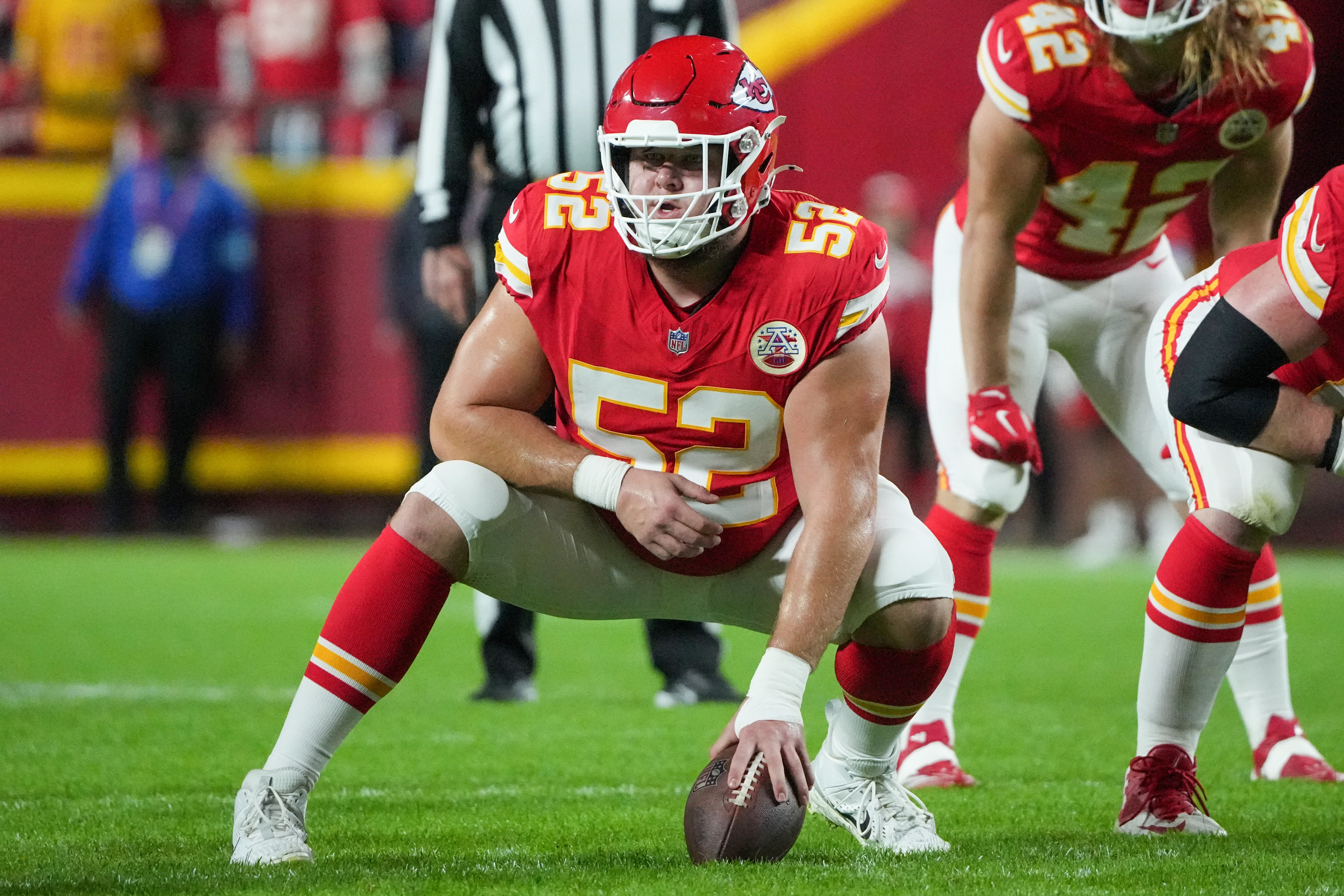Nov 4, 2024; Kansas City, Missouri, USA; Kansas City Chiefs center Creed Humphrey (52) at the line of scrimmage against the Tampa Bay Buccaneers during the game at GEHA Field at Arrowhead Stadium.