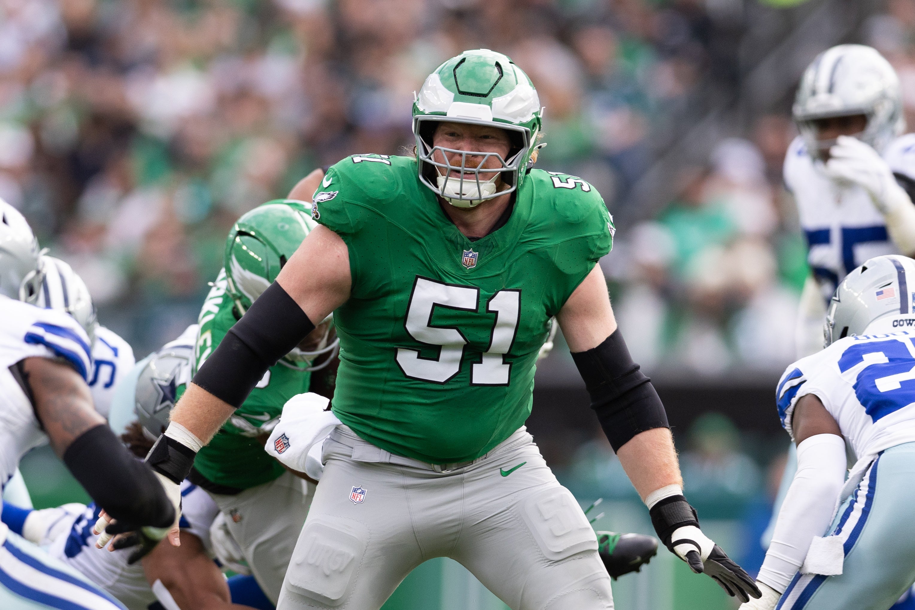 Philadelphia Eagles center Cam Jurgens (51) in action against the Dallas Cowboys during the second quarter at Lincoln Financial Field.