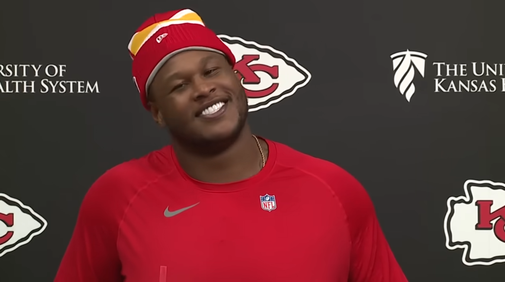 Chiefs LT D.J. Humphries speaks to reporters.