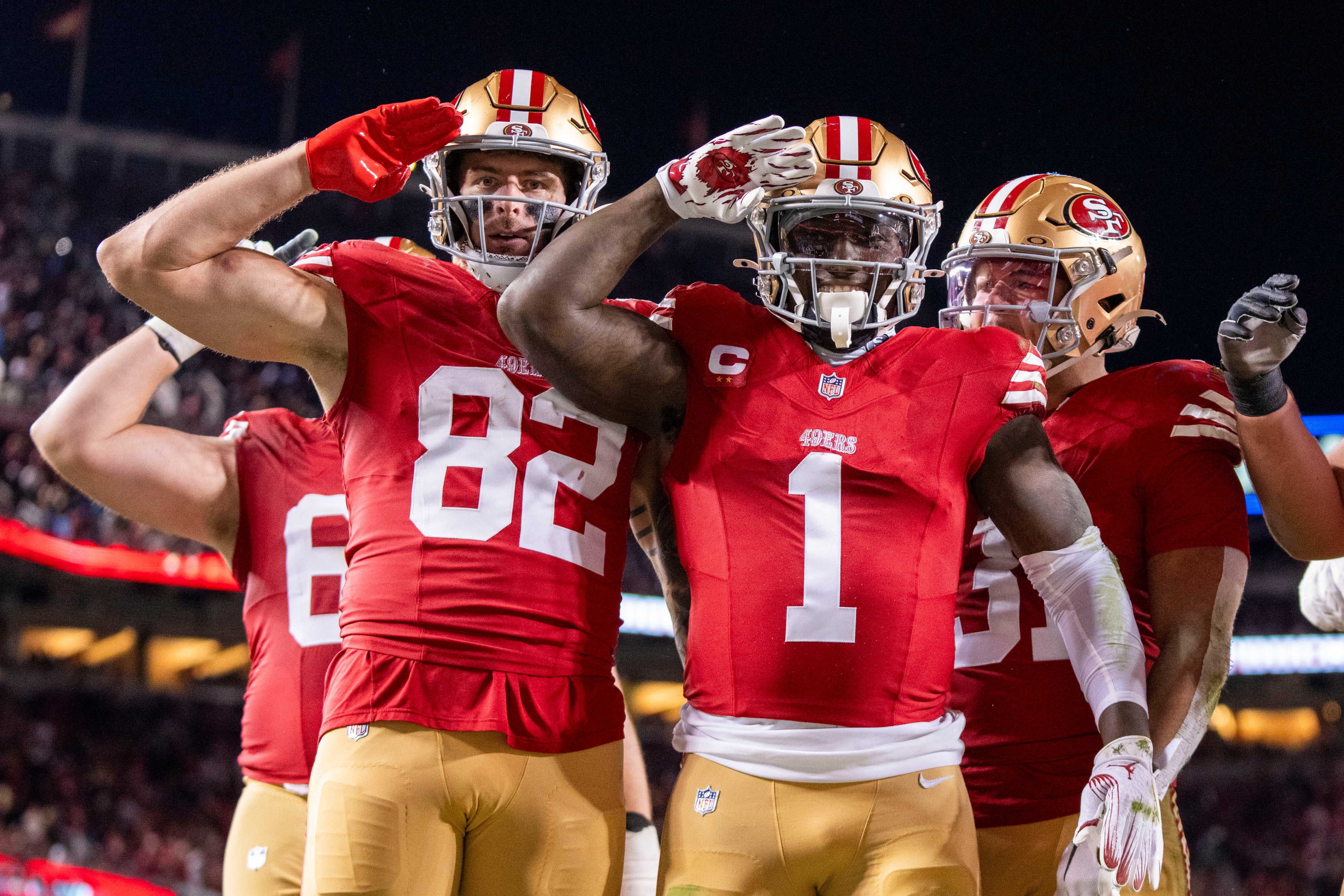 San Francisco 49ers wide receiver Deebo Samuel Sr. (1) celebrates scoring a touchdown against the Detroit Lions during the third quarter at Levi's Stadium.