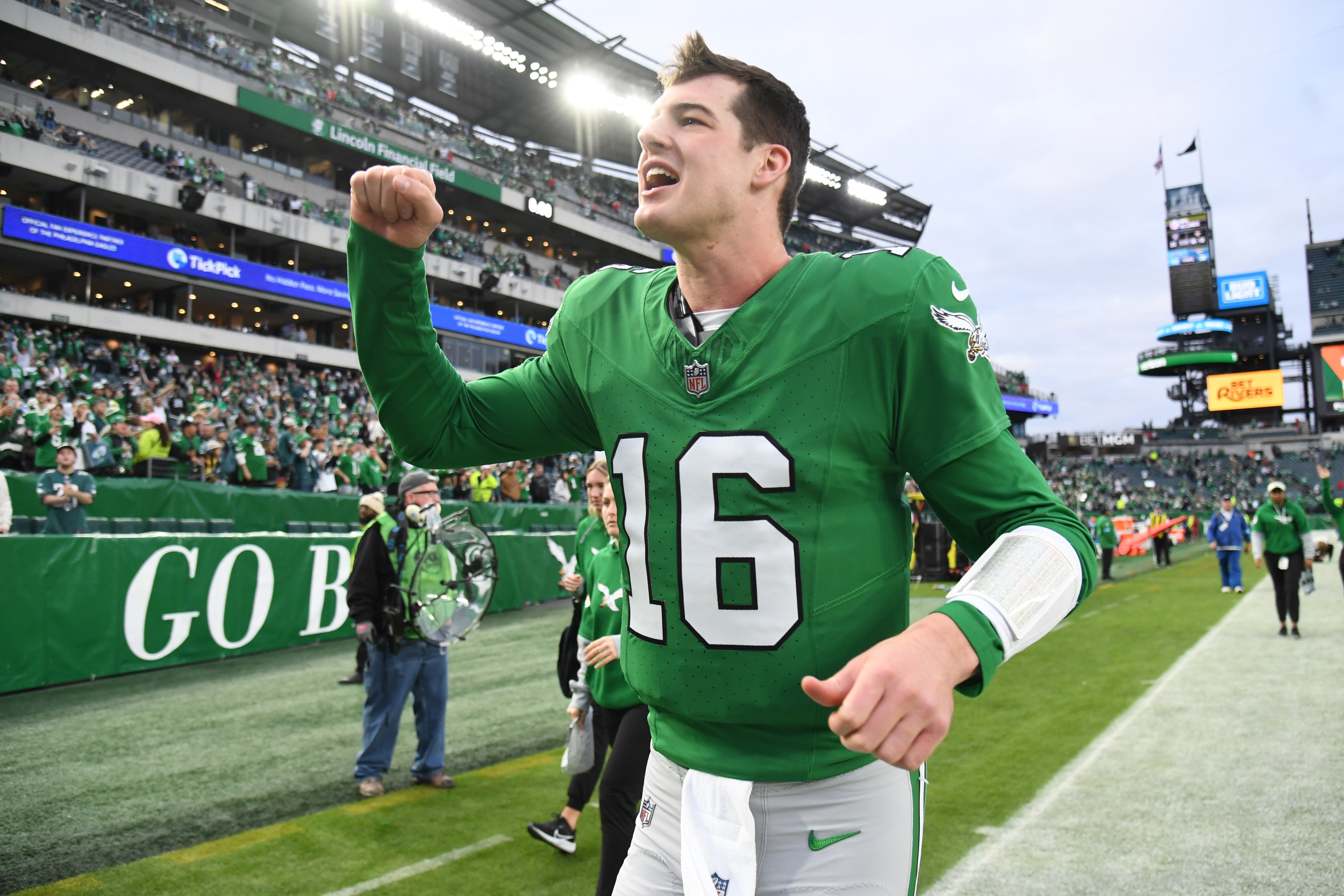Philadelphia Eagles quarterback Tanner McKee (16) runs off the field after win against the Dallas Cowboys at Lincoln Financial Field.