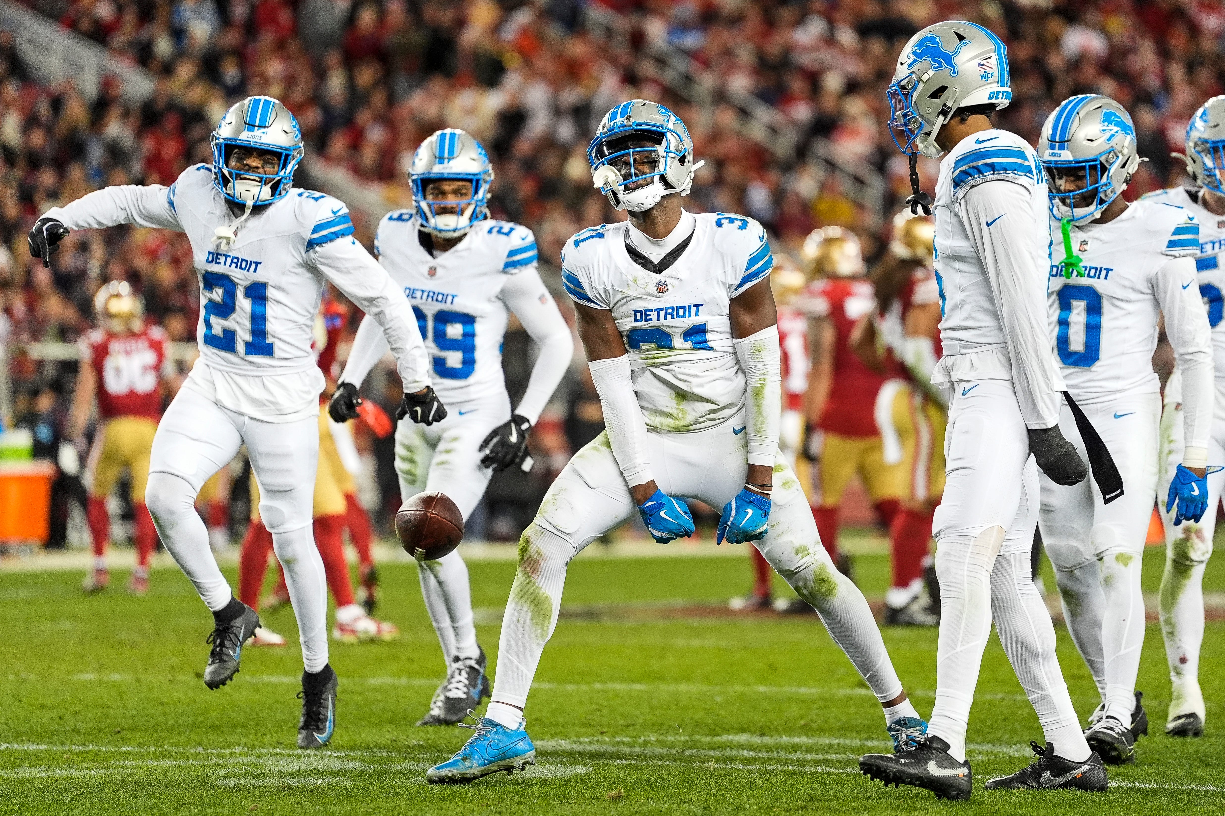 Detroit Lions safety Kerby Joseph (31) celebrates an interception against San Francisco 49ers during the second half at Levi's Stadium in Santa Clara, Calif. on Monday, Dec. 30, 2024.