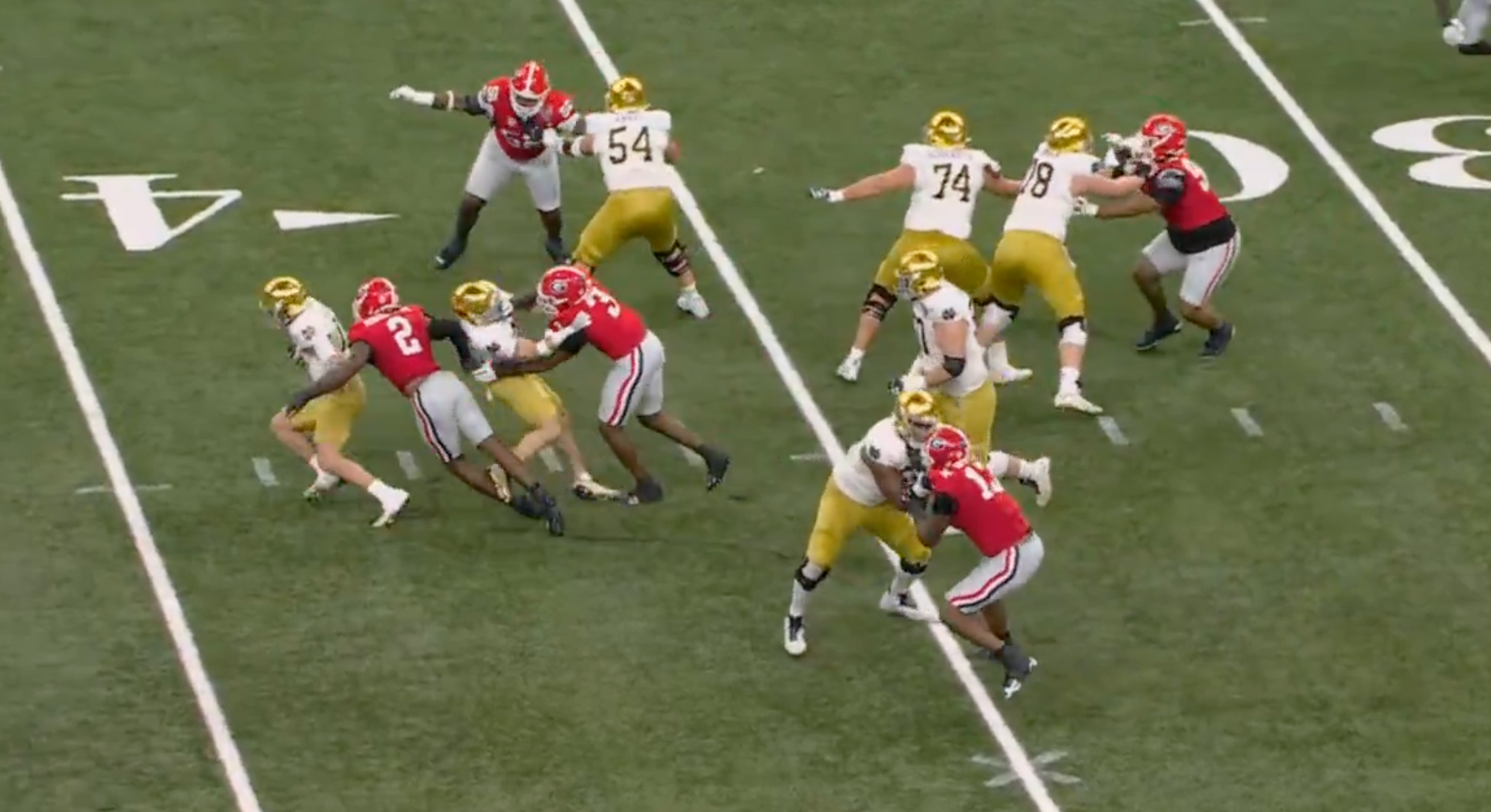 Georgia LB Smael Mondon sacks Notre Dame QB Riley Leonard during Sugar Bowl