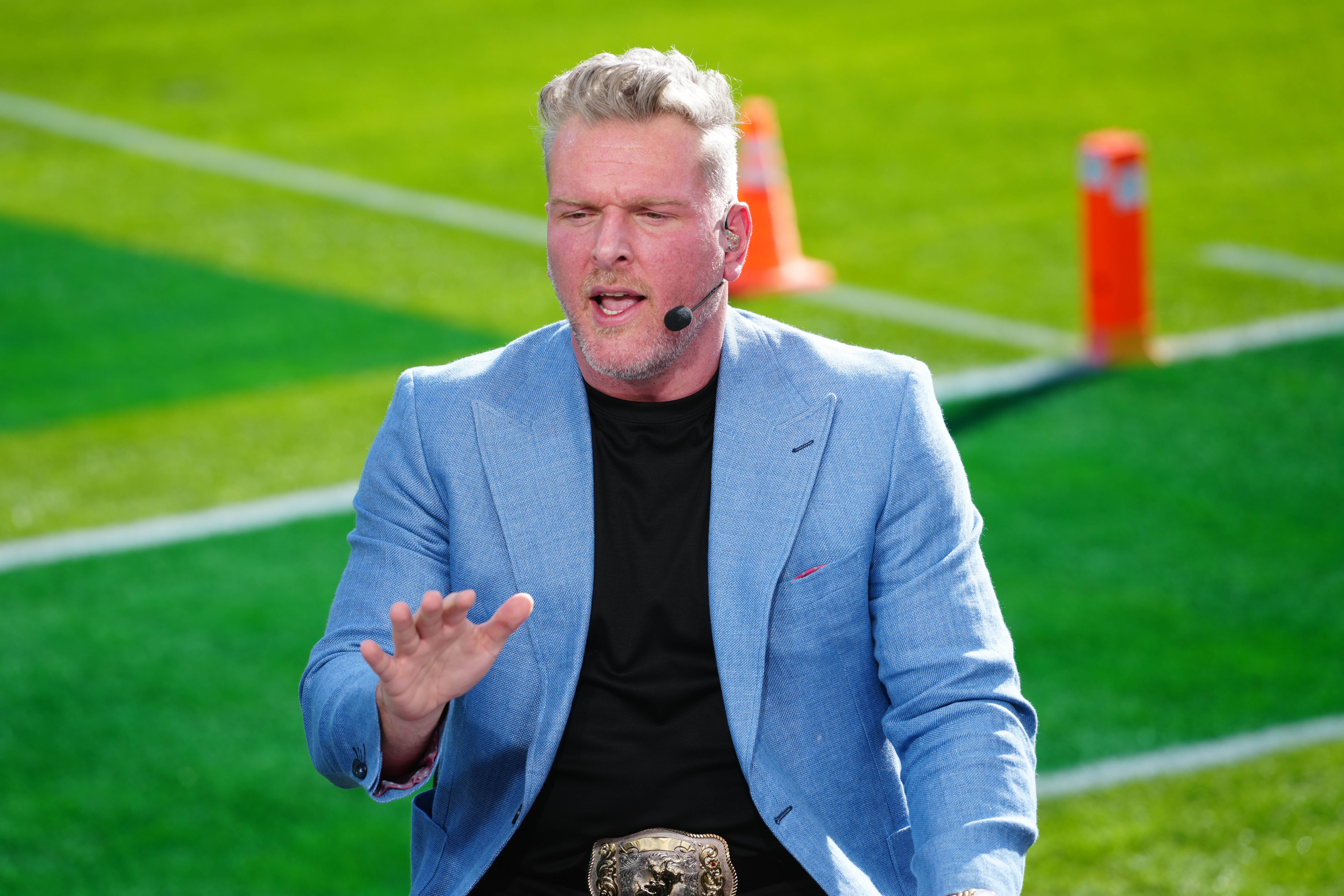 Jan 1, 2025; Pasadena, California, USA; Pat McAfee on the ESPN Gameday set at Rose Bowl Stadium.