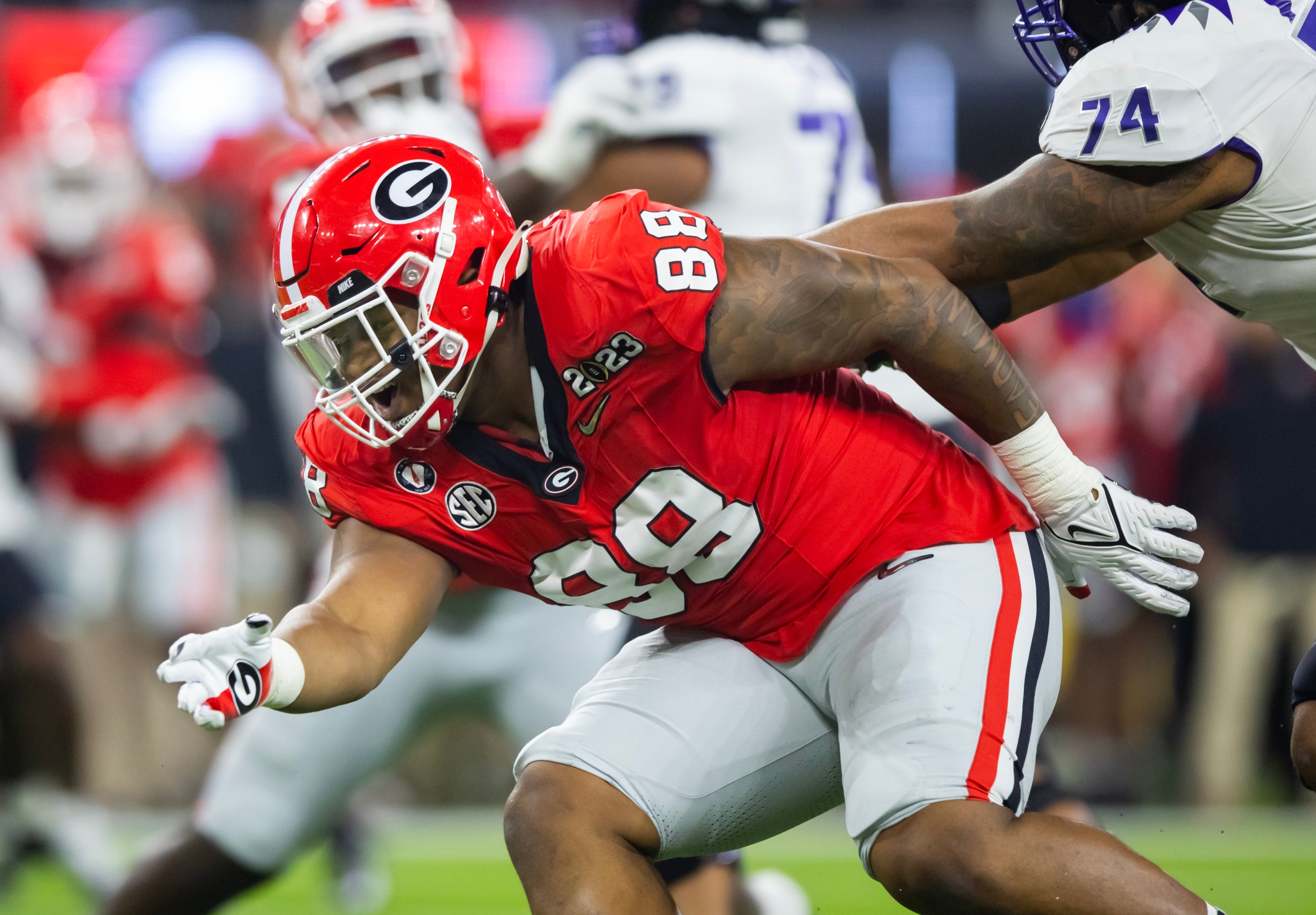 Georgia Bulldogs defensive lineman Jalen Carter (88) against the TCU Horned Frogs during the CFP national championship game at SoFi Stadium.