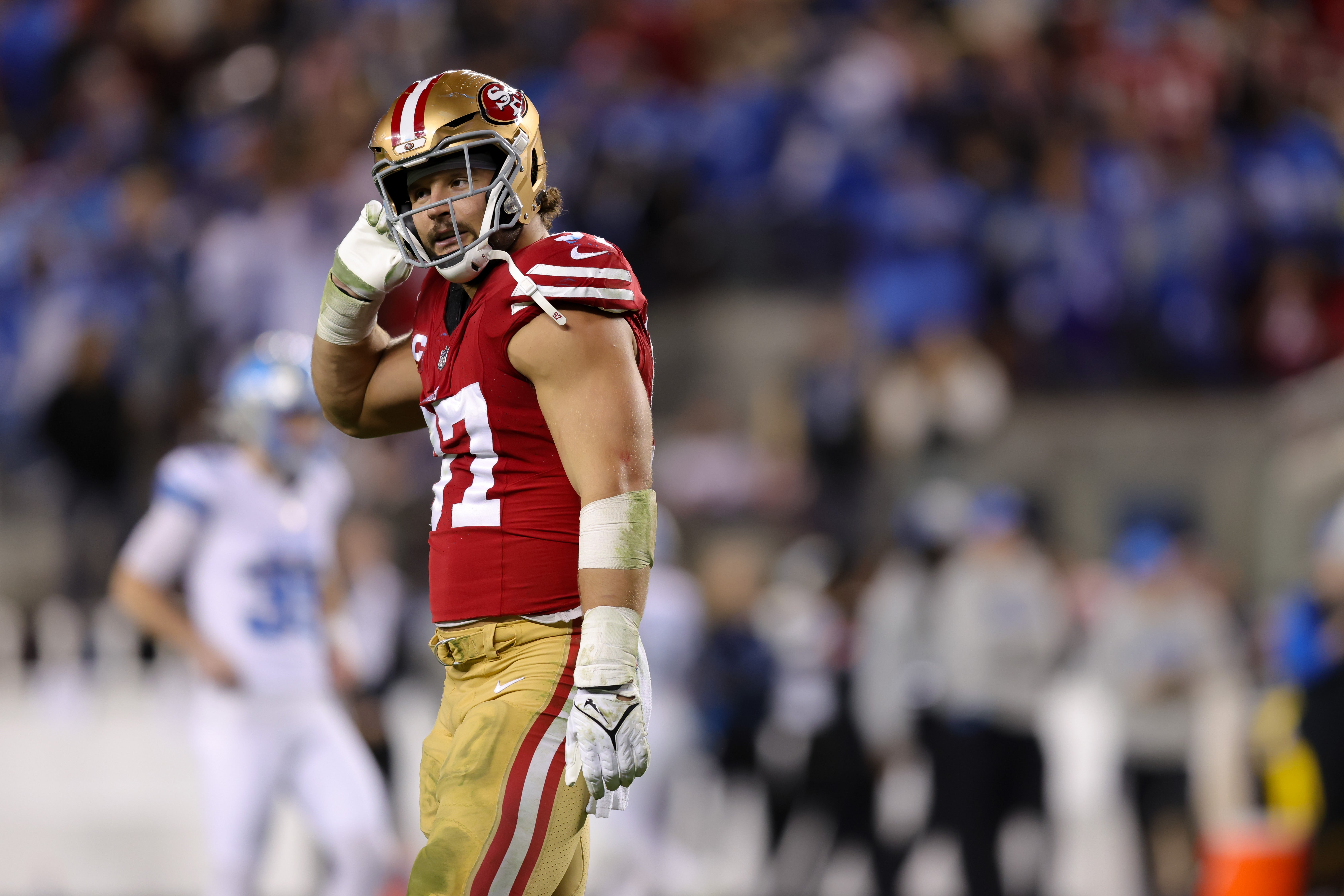 San Francisco 49ers defensive end Nick Bosa (97) walks off the field during the third quarter against the Detroit Lions at Levi's Stadium.