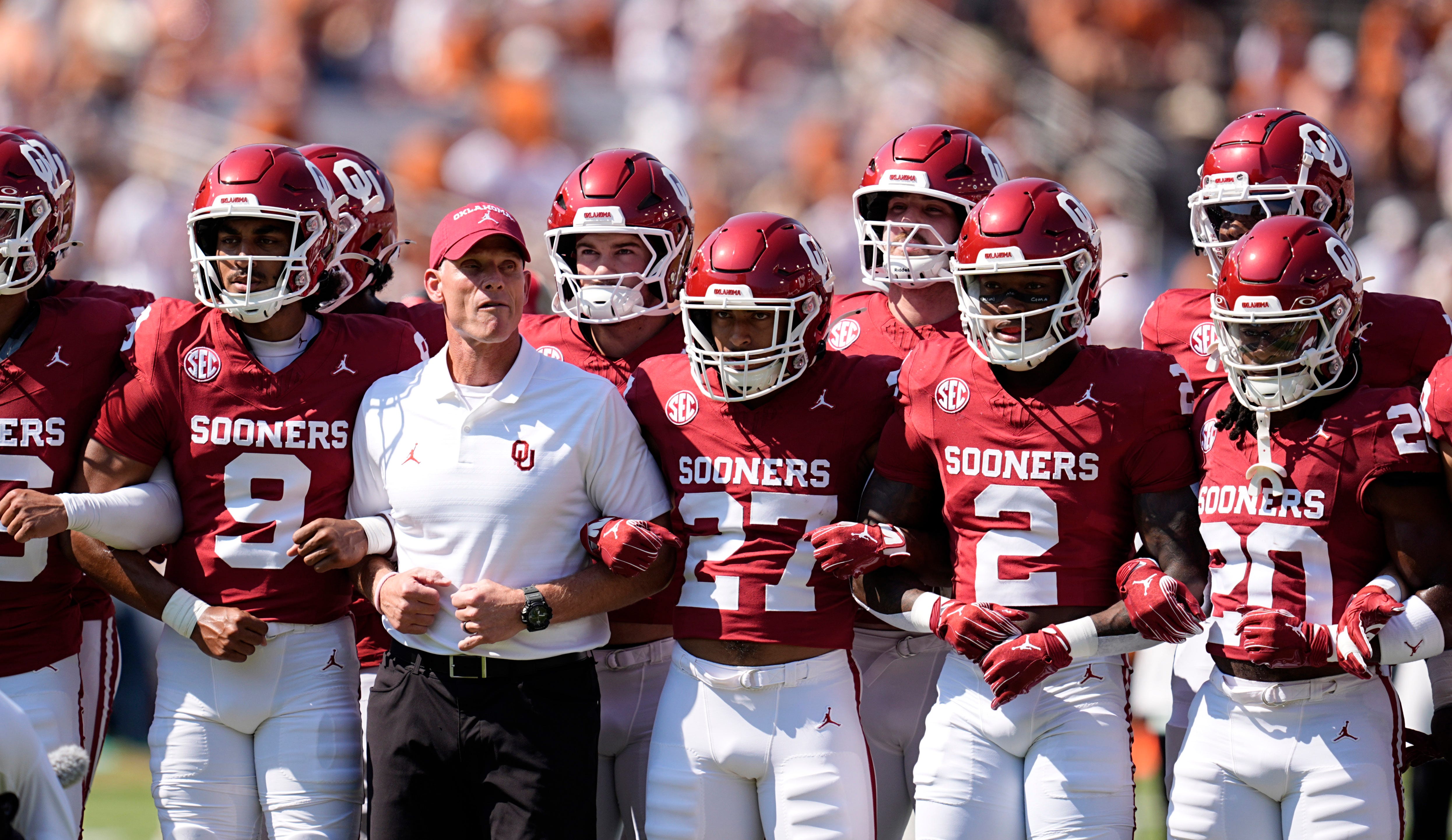 Oklahoma head football coach Brent Venables walks with the team before the Red River Rivalry college football game between the University of Oklahoma Sooners and the Texas Longhorn at the Cotton Bowl Stadium in Dallas, Texas, Saturday, Oct., 12, 2024.