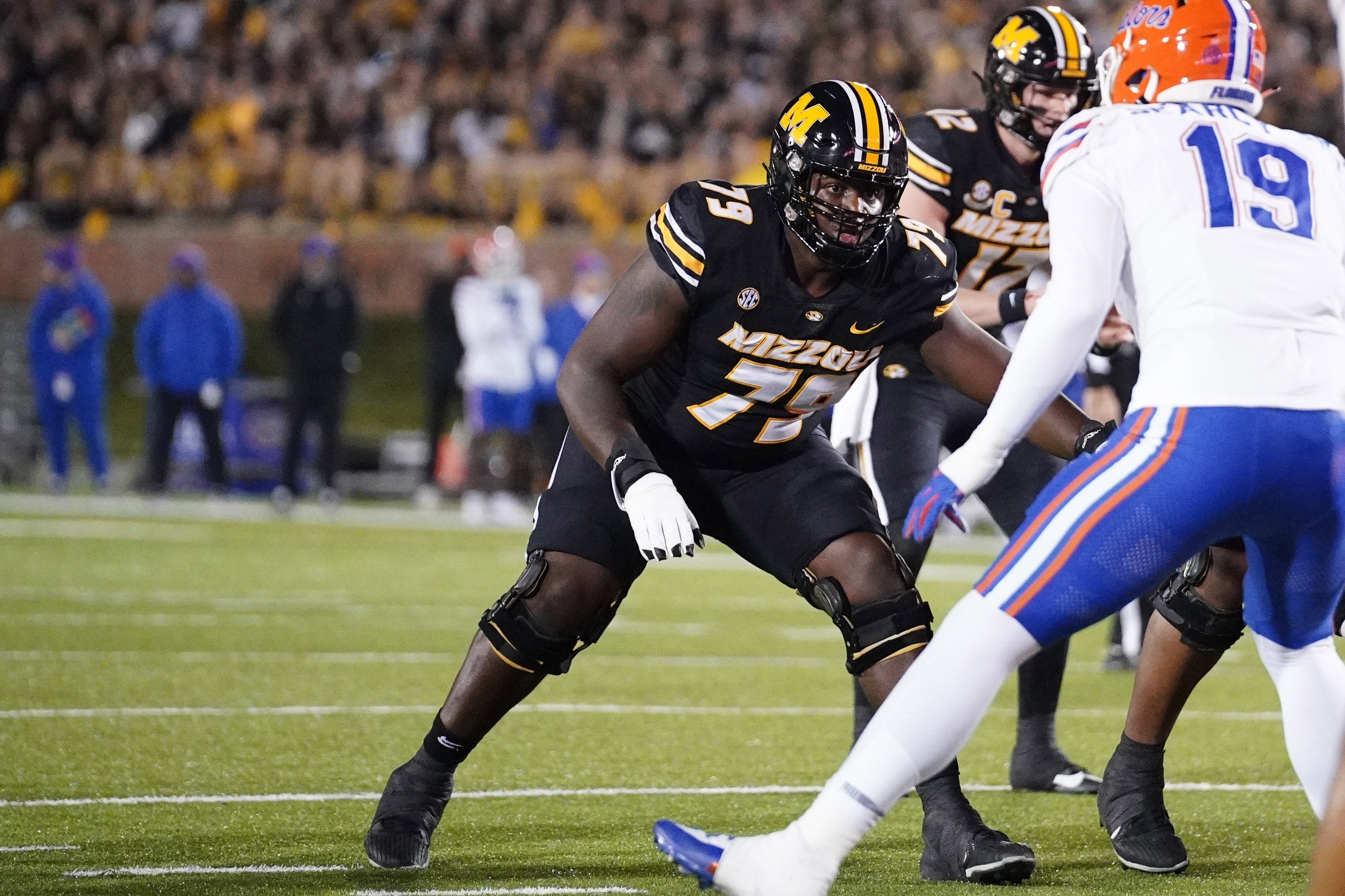 Nov 18, 2023; Columbia, Missouri, USA; Missouri Tigers offensive lineman Armand Membou (79) at the line of scrimmage against the Florida Gators during the game at Faurot Field at Memorial Stadium. 