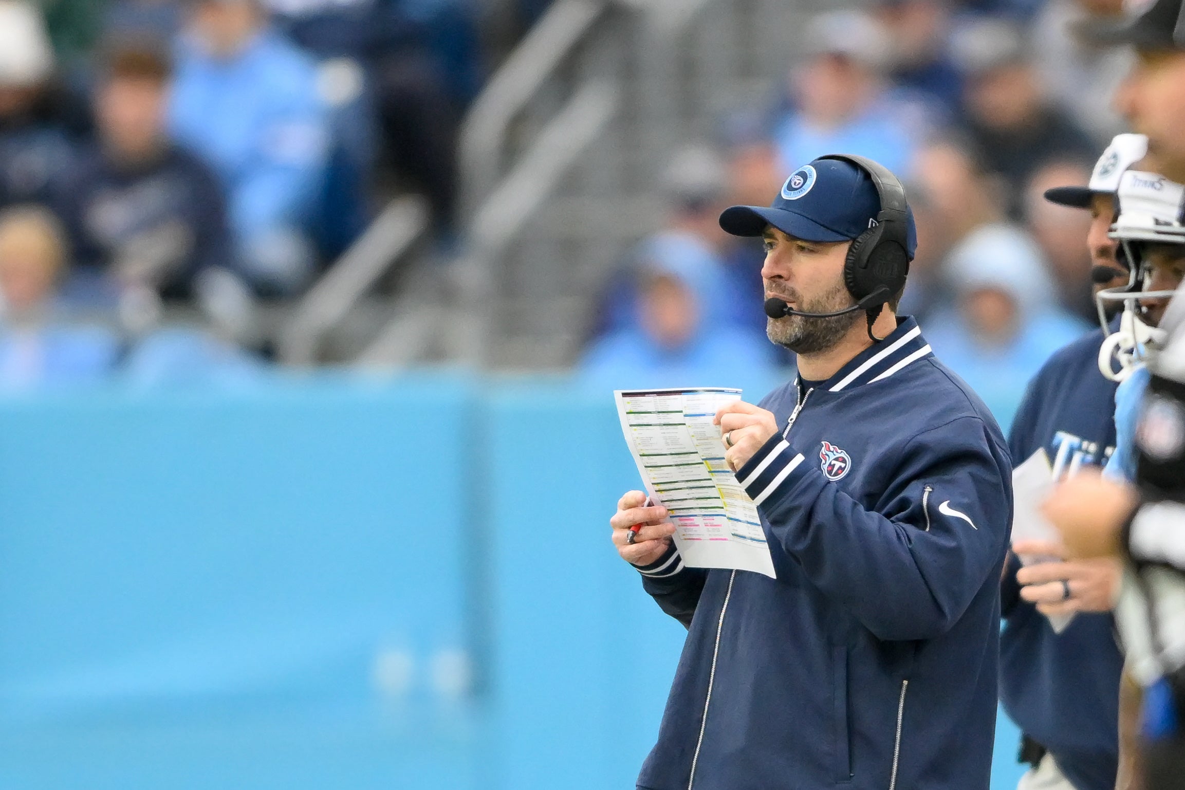 Tennessee Titans head coach Brian Callahan looks on from the sideline against the Jacksonville Jaguars during the first half at Nissan Stadium. Steve Roberts-Imagn Images