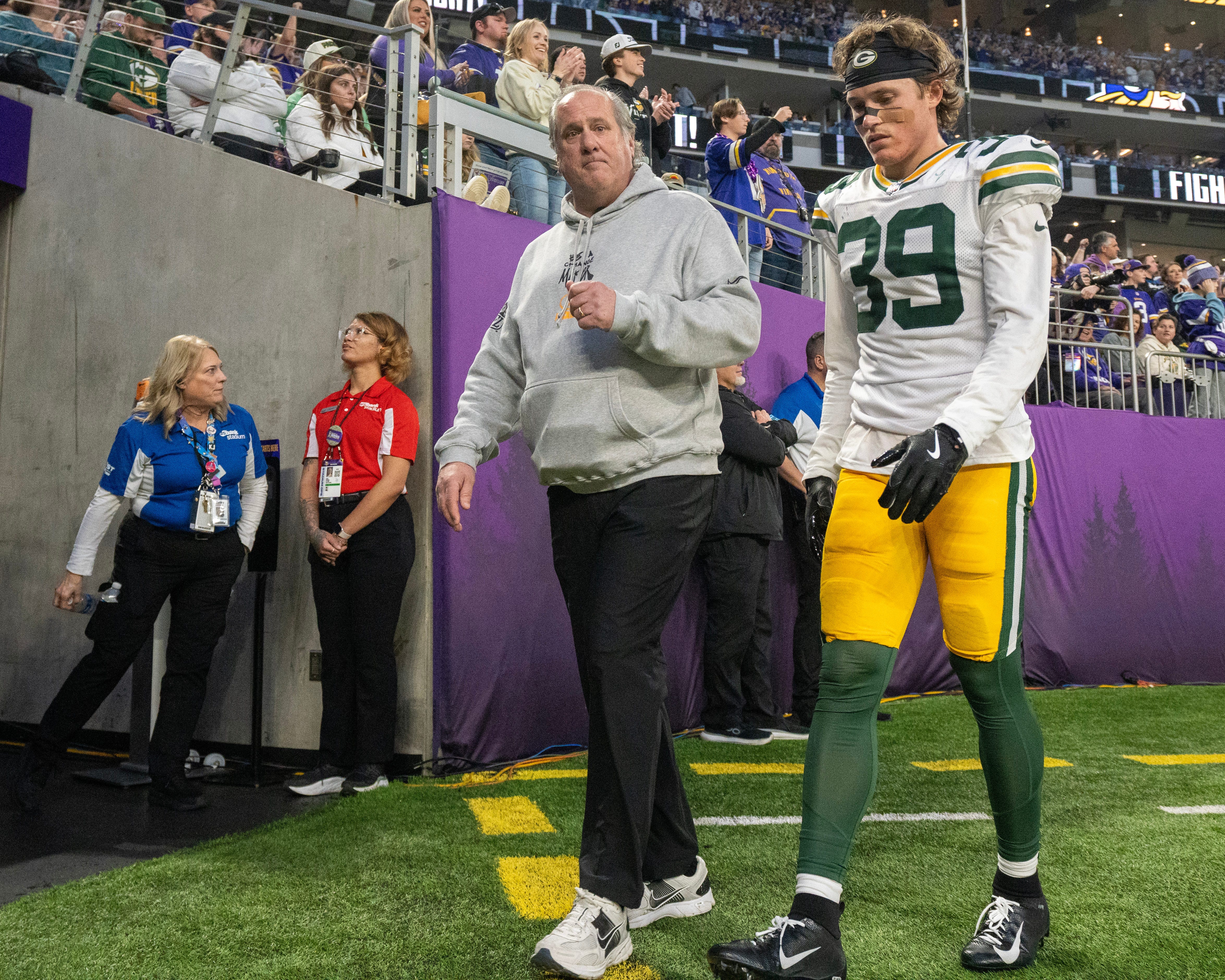 Green Bay Packers safety Zayne Anderson (39) heads to the locker room after being injured during the first quarter of their game Sunday, December 29, 2024 at U.S. Bank Stadium in Minneapolis, Minnesota. The Minnesota Vikings beat the Green Bay Packers 27-25.