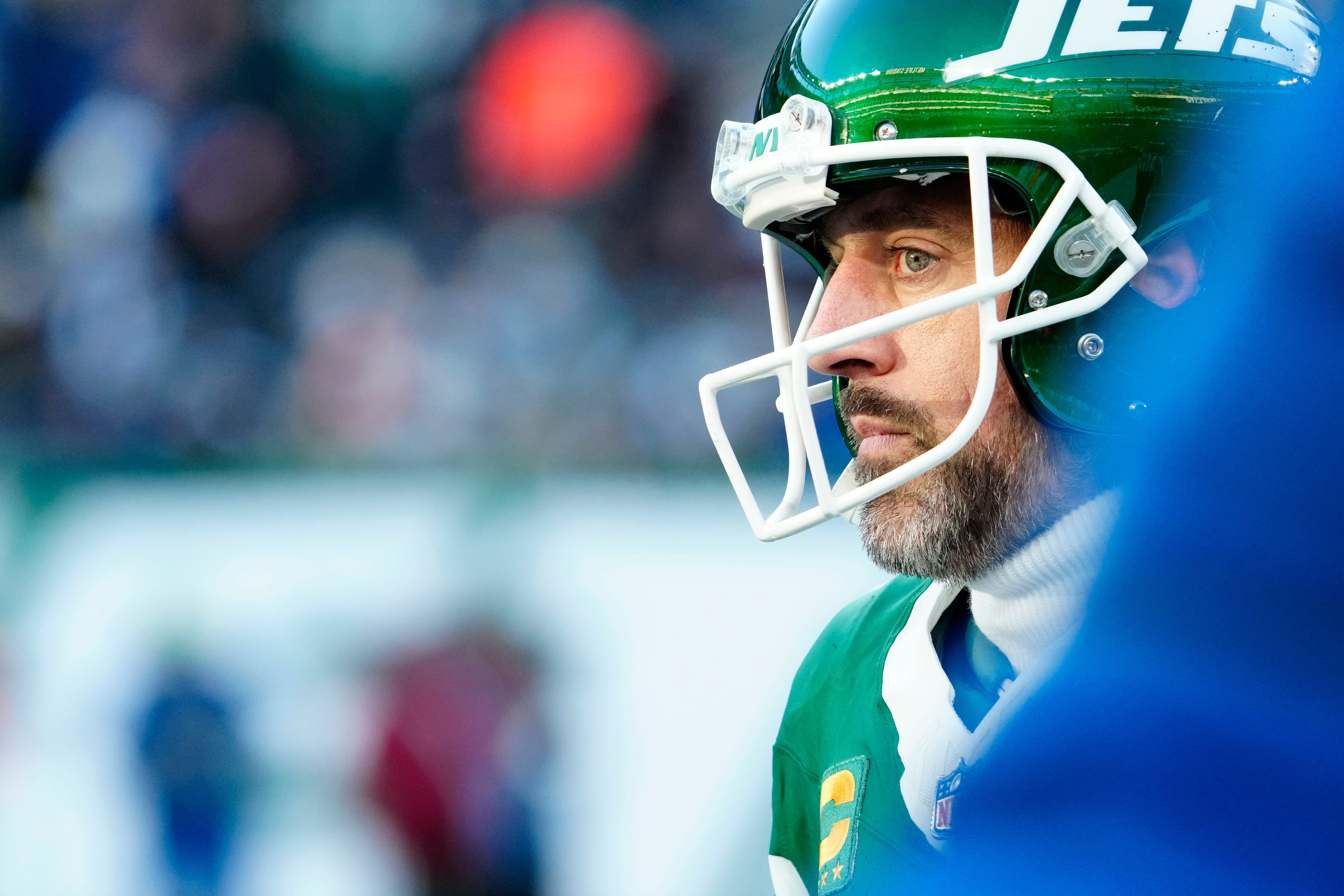 New York Jets quarterback Aaron Rodgers (8) is shown during Gang GreenÃ•s 19-9 loss against the Los Angeles Rams, Sunday, December 22, 2024, in East Rutherford.