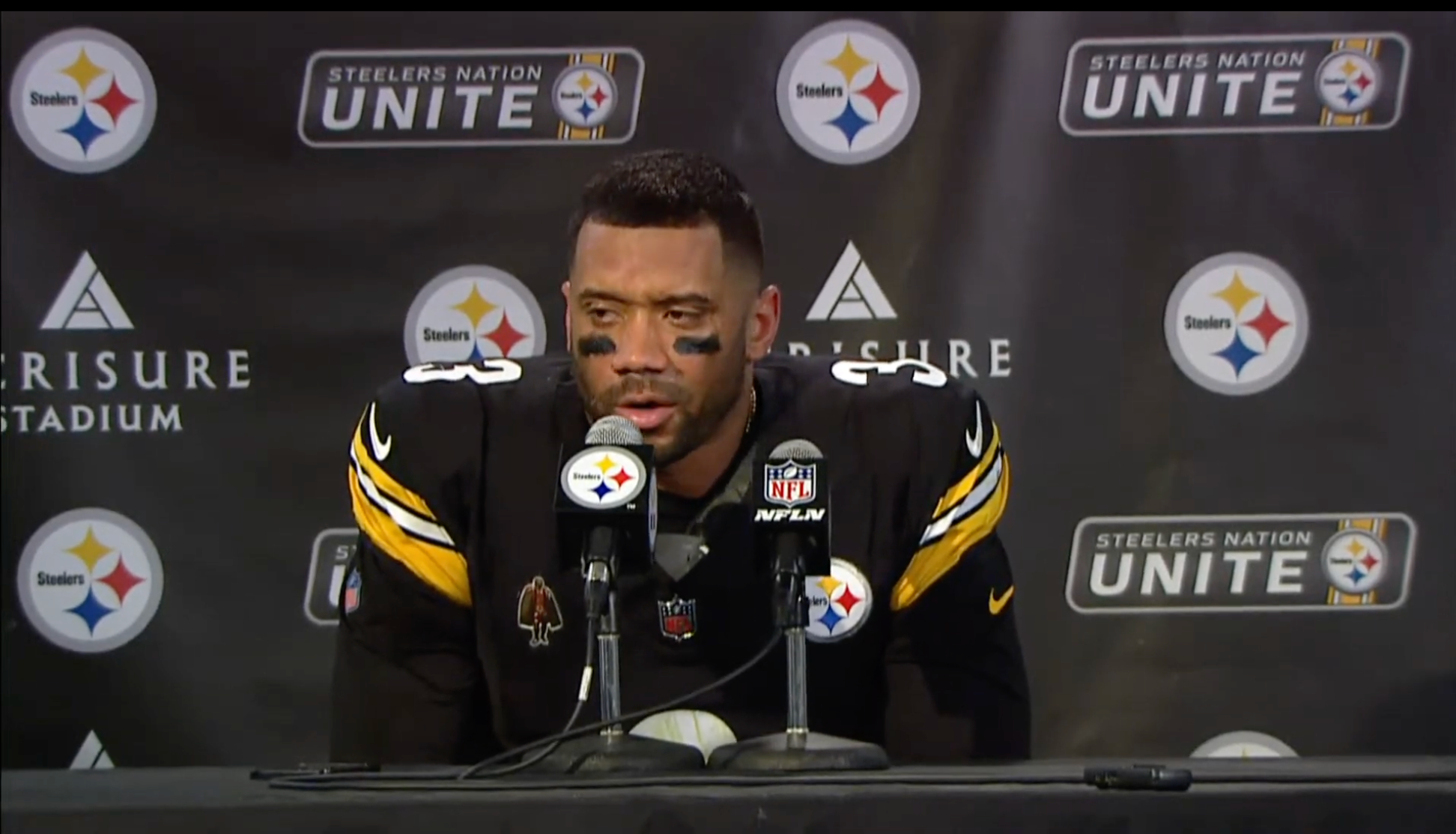 Pittsburgh Steelers QB Russell Wilson addresses the media following 19-17 loss against the Cincinnati Bengals in Week 18 of 2024 NFL Season