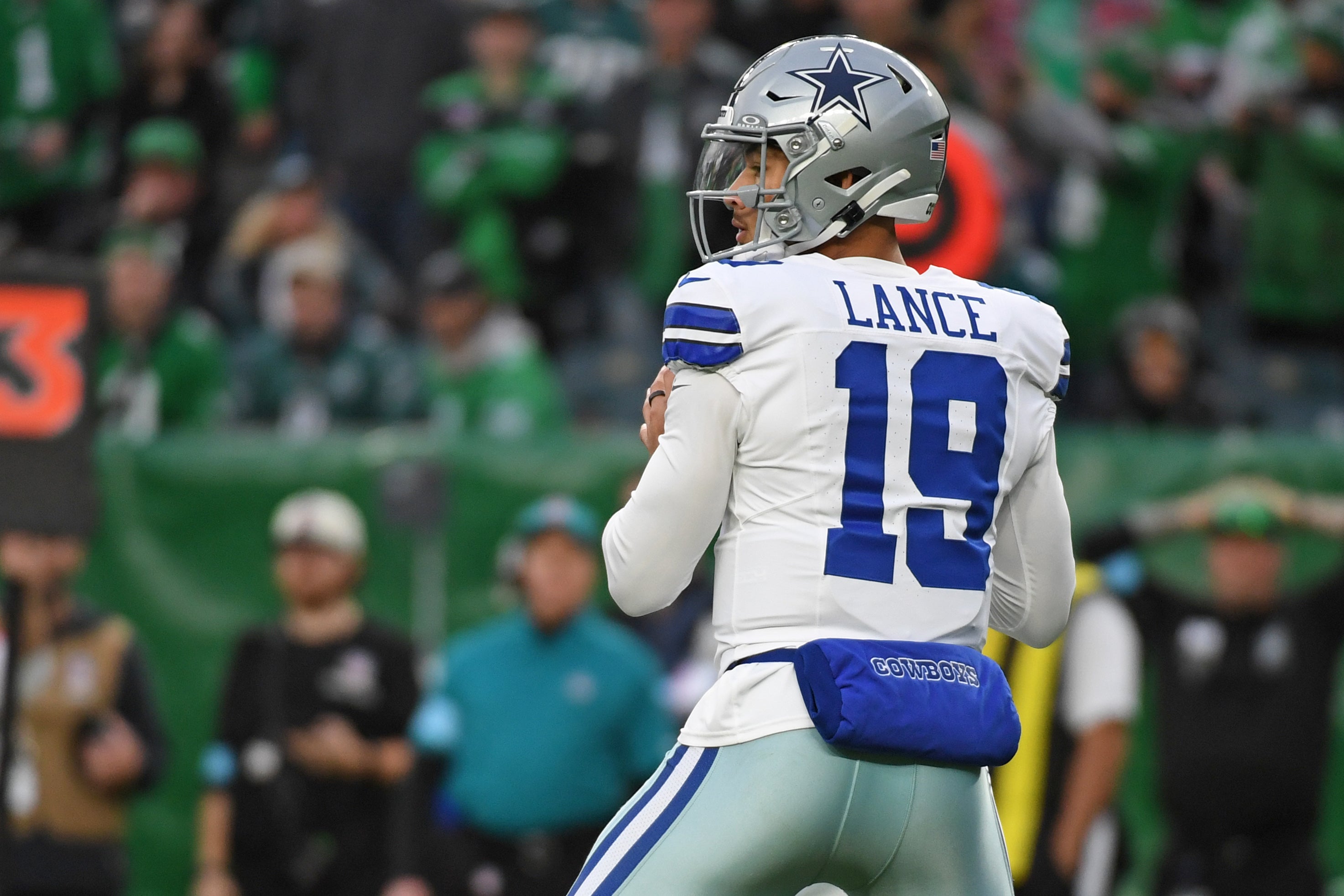 Dallas Cowboys quarterback Trey Lance (19) against the Philadelphia Eagles at Lincoln Financial Field.