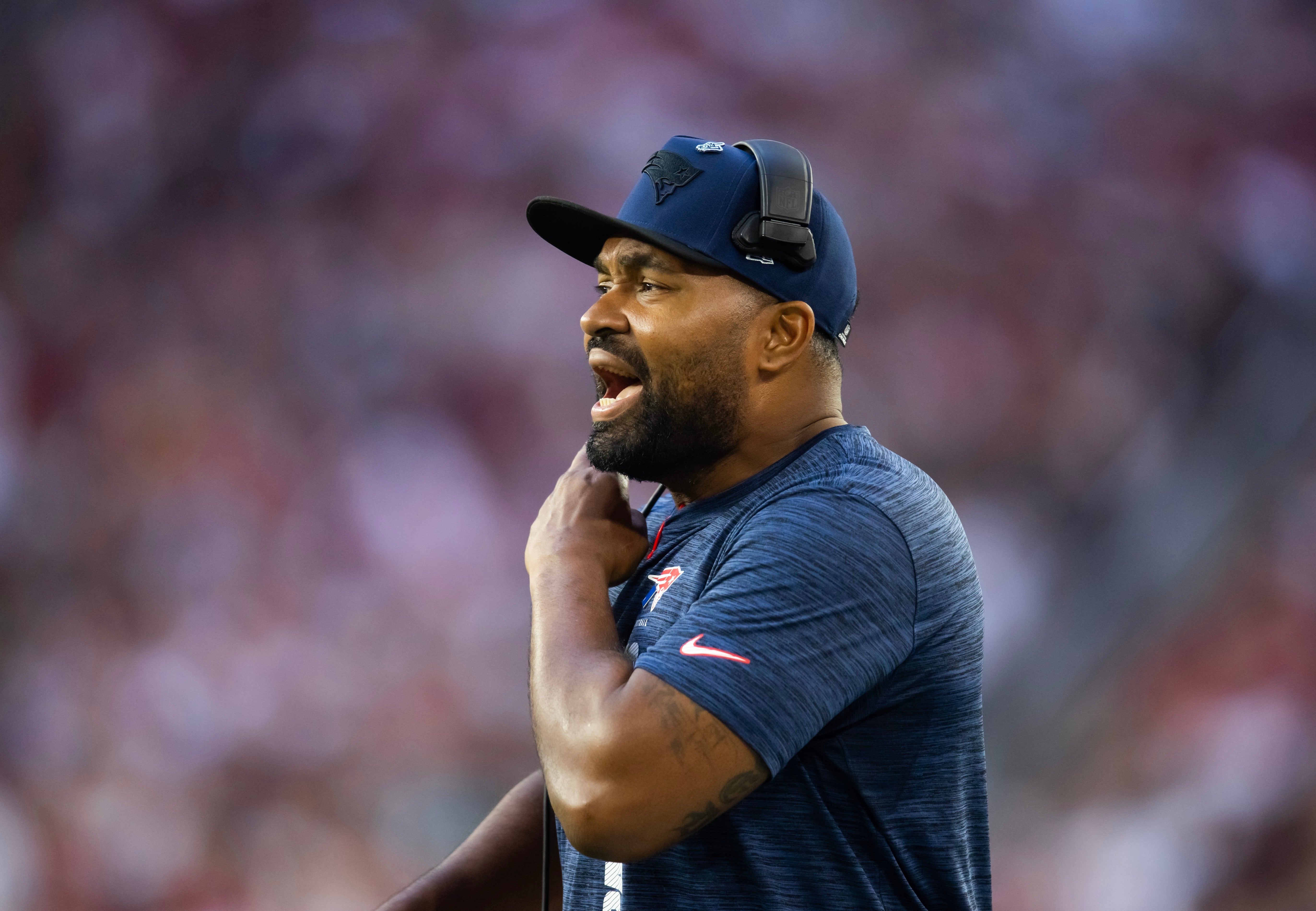 Dec 15, 2024; Glendale, Arizona, USA; New England Patriots head coach Jerod Mayo against the Arizona Cardinals at State Farm Stadium.