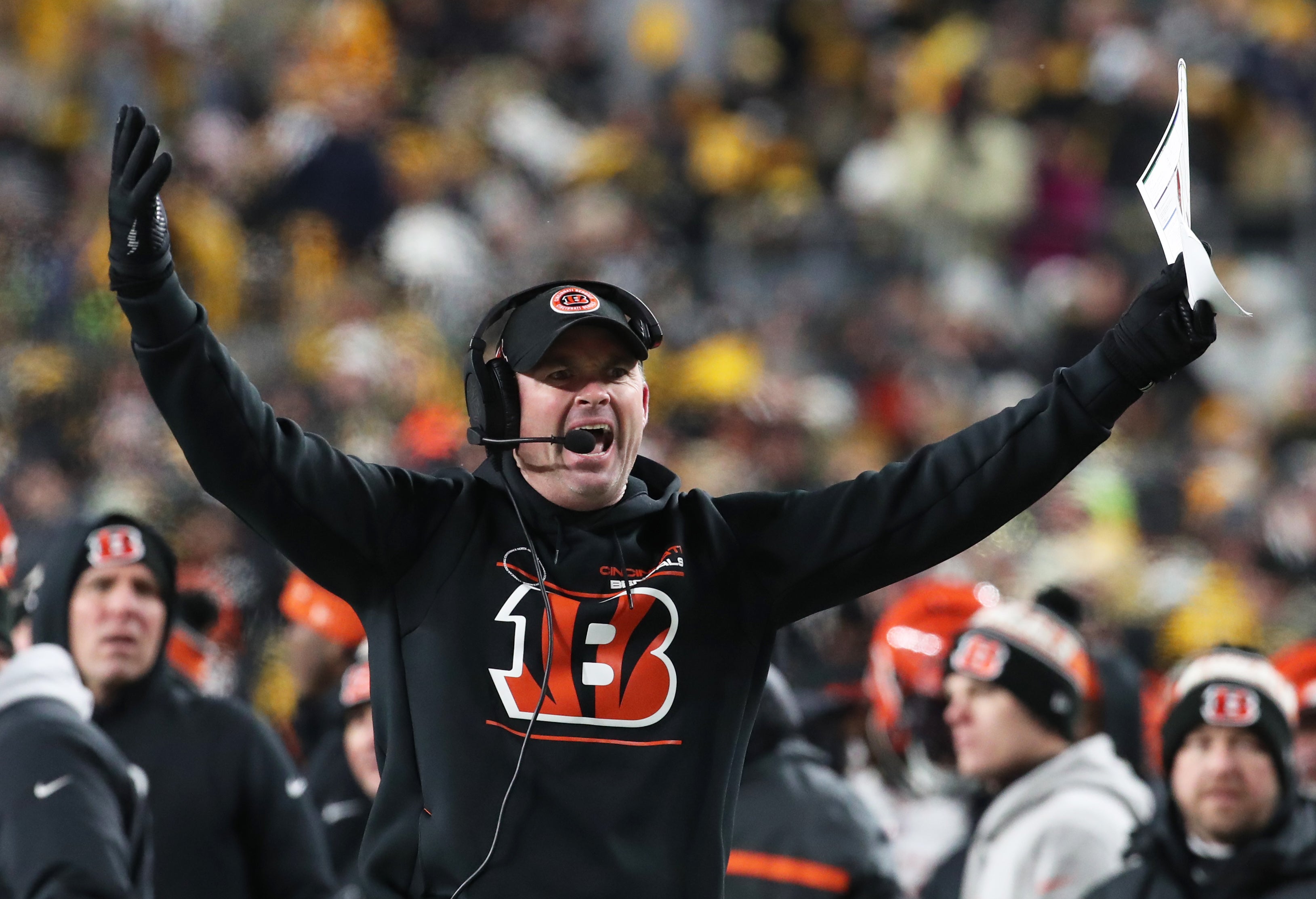 Jan 4, 2025; Pittsburgh, Pennsylvania, USA; Cincinnati Bengals head coach Zac Taylor reacts to an interference call on the Bengals against the Pittsburgh Steelers during the second quarter at Acrisure Stadium.