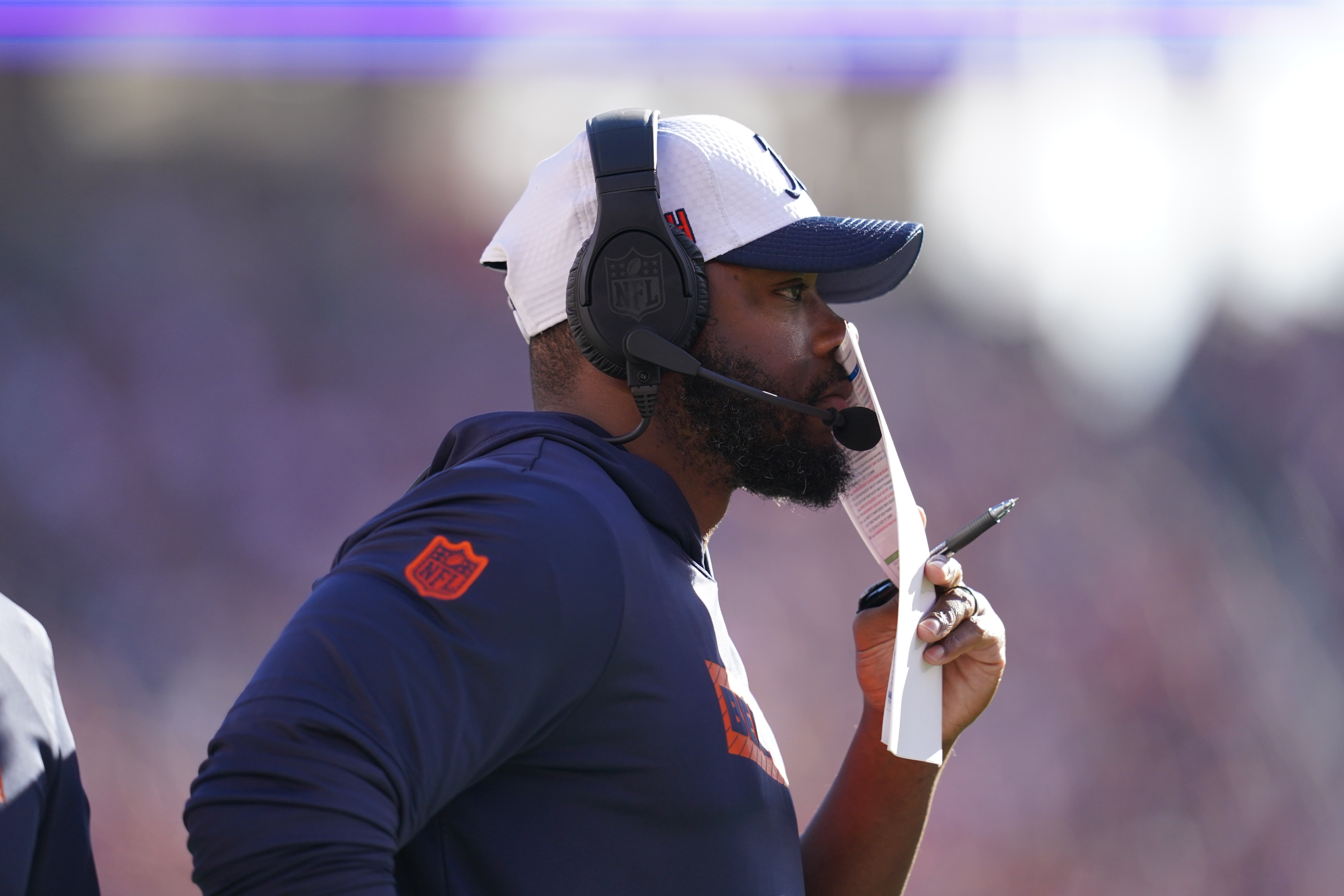 Dec 8, 2024; Santa Clara, California, USA; Chicago Bears interim head coach Thomas Brown stands on the sideline during action against the San Francisco 49ers in the first quarter at Levi's Stadium.