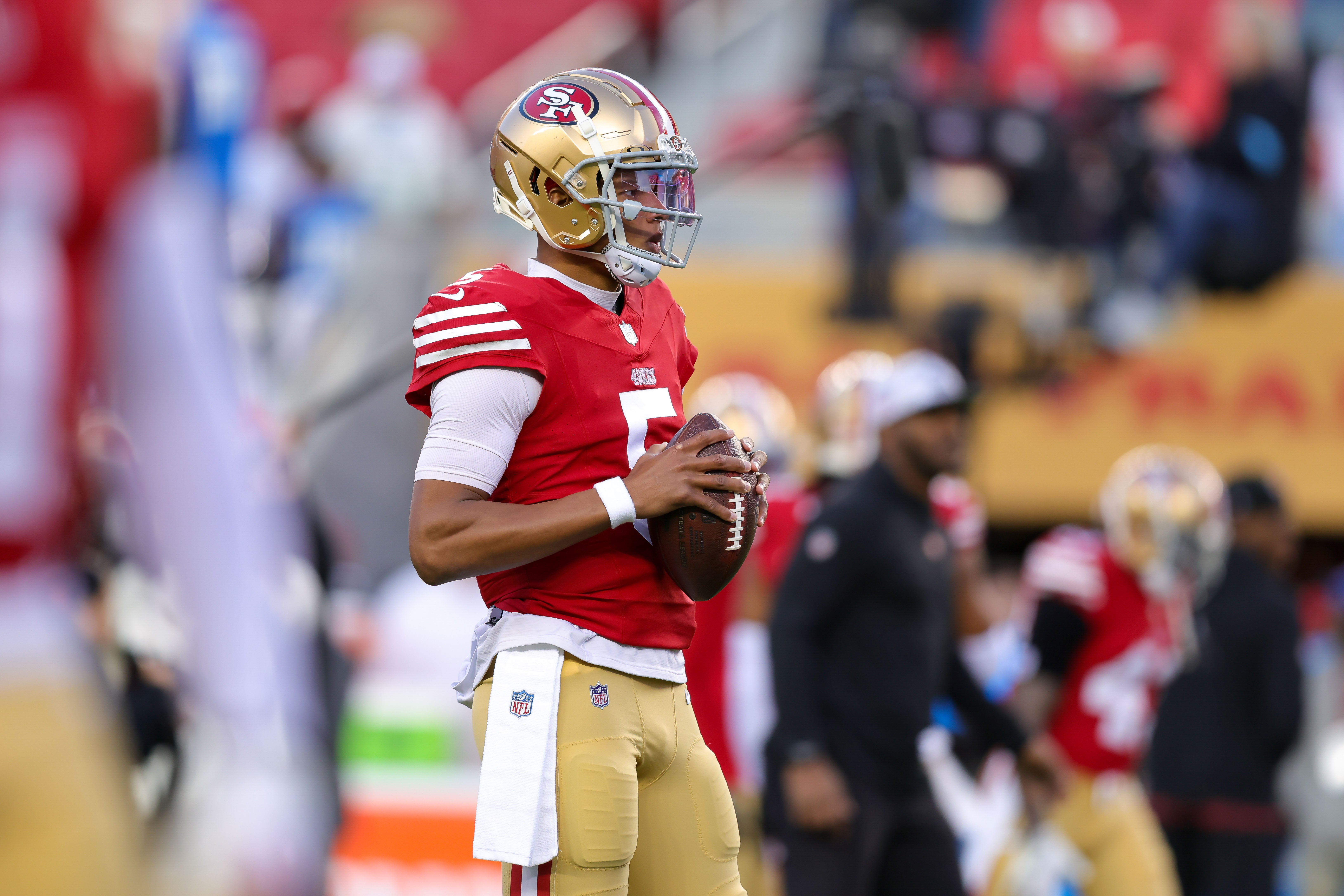 San Francisco 49ers quarterback Joshua Dobbs (5) before the game against the Detroit Lions at Levi's Stadium.