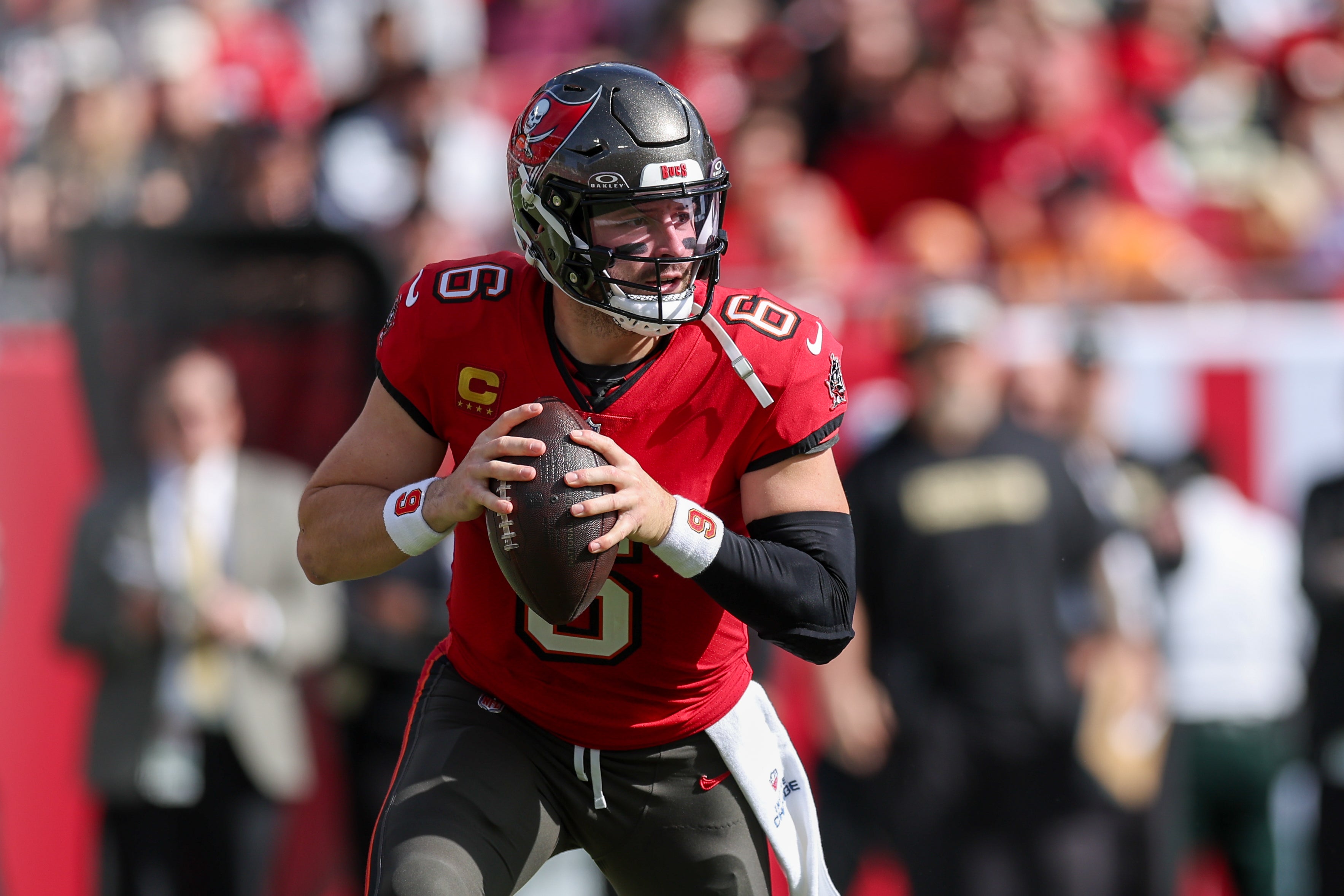 Jan 5, 2025; Tampa, Florida, USA; Tampa Bay Buccaneers quarterback Baker Mayfield (6) drops back to pass against the New Orleans Saints in the second quarter at Raymond James Stadium.