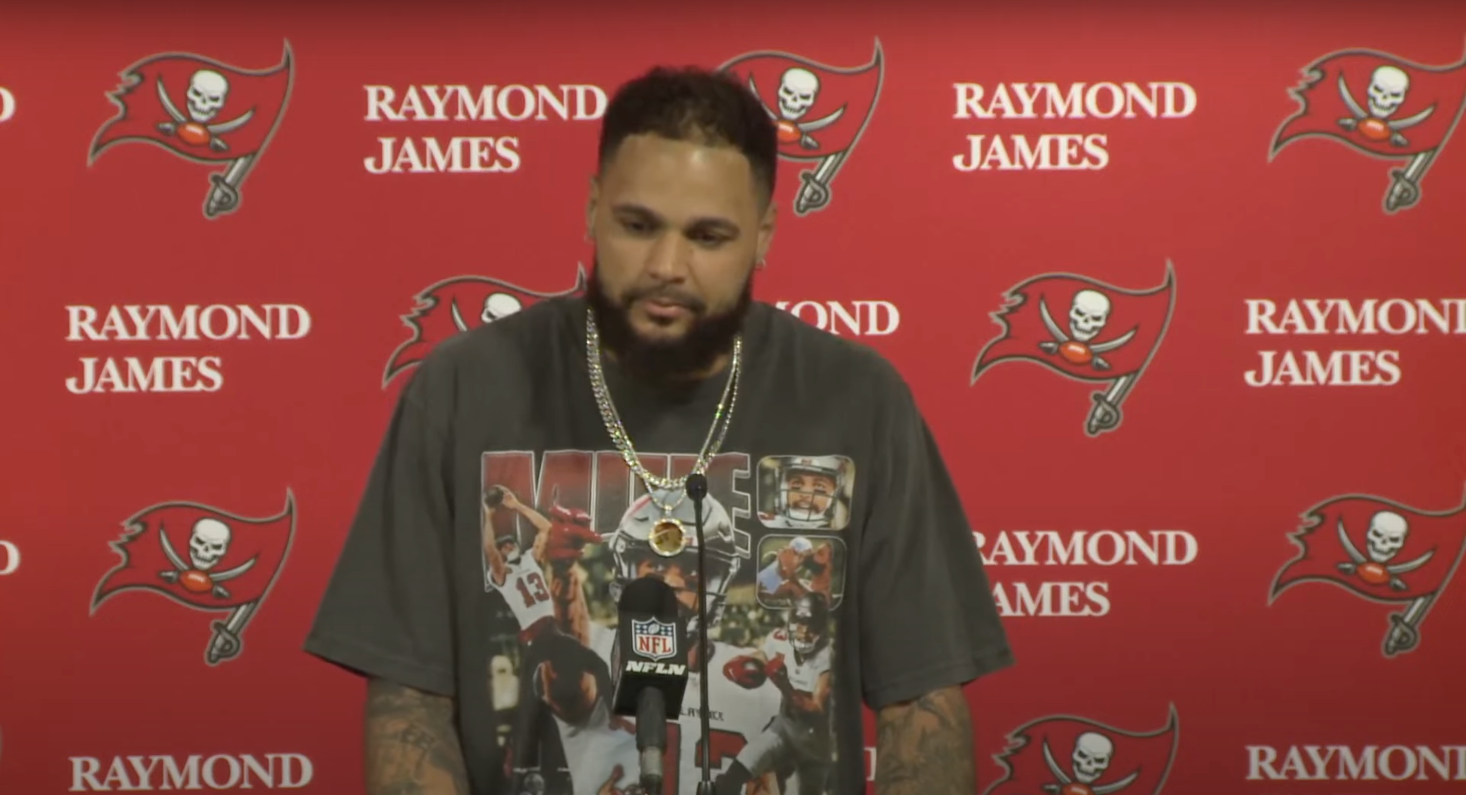 Mike Evans talks to reporters after the Bucs' big win over the Saints