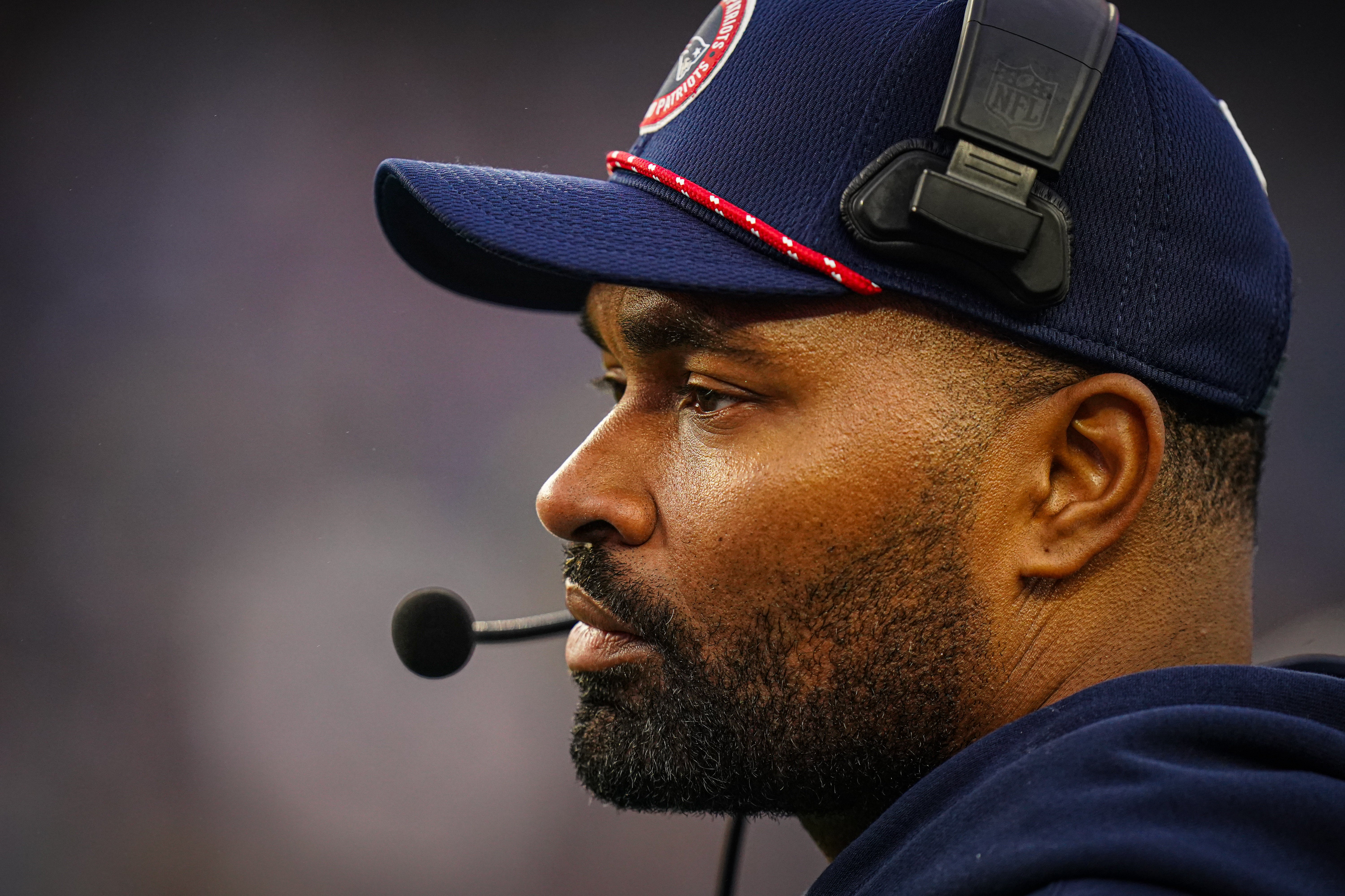 Dec 28, 2024; Foxborough, Massachusetts, USA; New England Patriots head coach Jerod Mayo watches from the sideline as they take on the Los Angeles Chargers at Gillette Stadium.