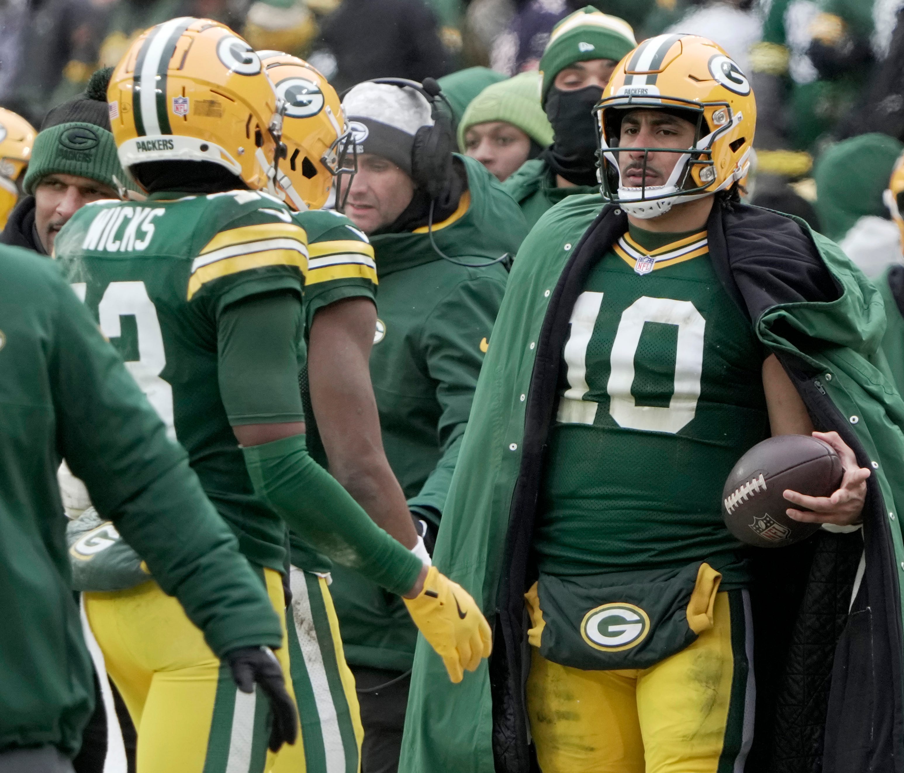 Green Bay Packers quarterback Jordan Love (10) is shown On the sidelines after being injured during the first quarter of their game Sunday, January 5, 2025 at Lambeau Field in Green Bay, Wisconsin. The Chicago Bears beat the Green Bay Packers 24-22.