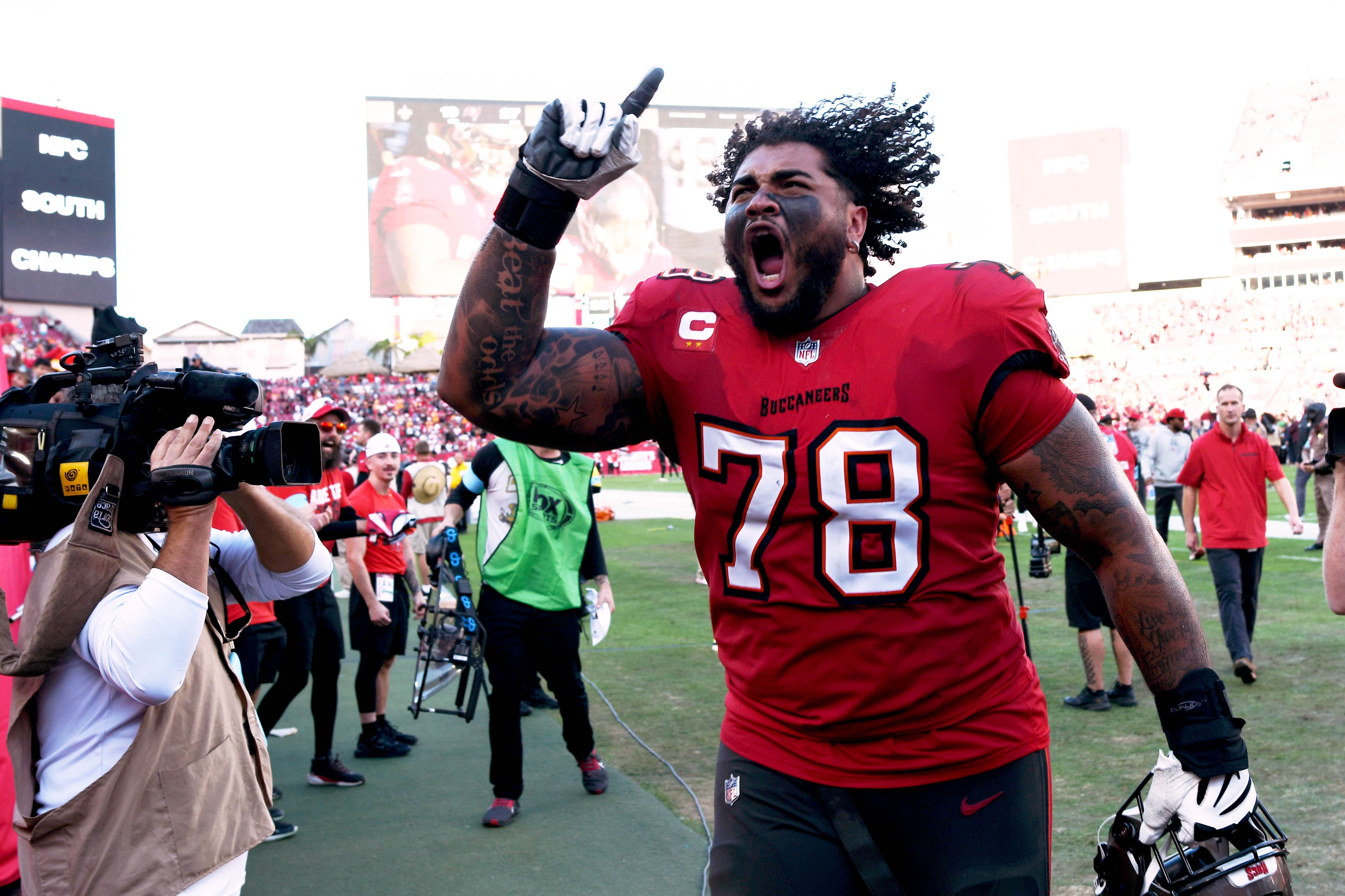 Jan 5, 2025; Tampa, Florida, USA; Tampa Bay Buccaneers offesive lineman Tristan Wires (78) celebrates after defeating the New Orleans Saints at Raymond James Stadium.