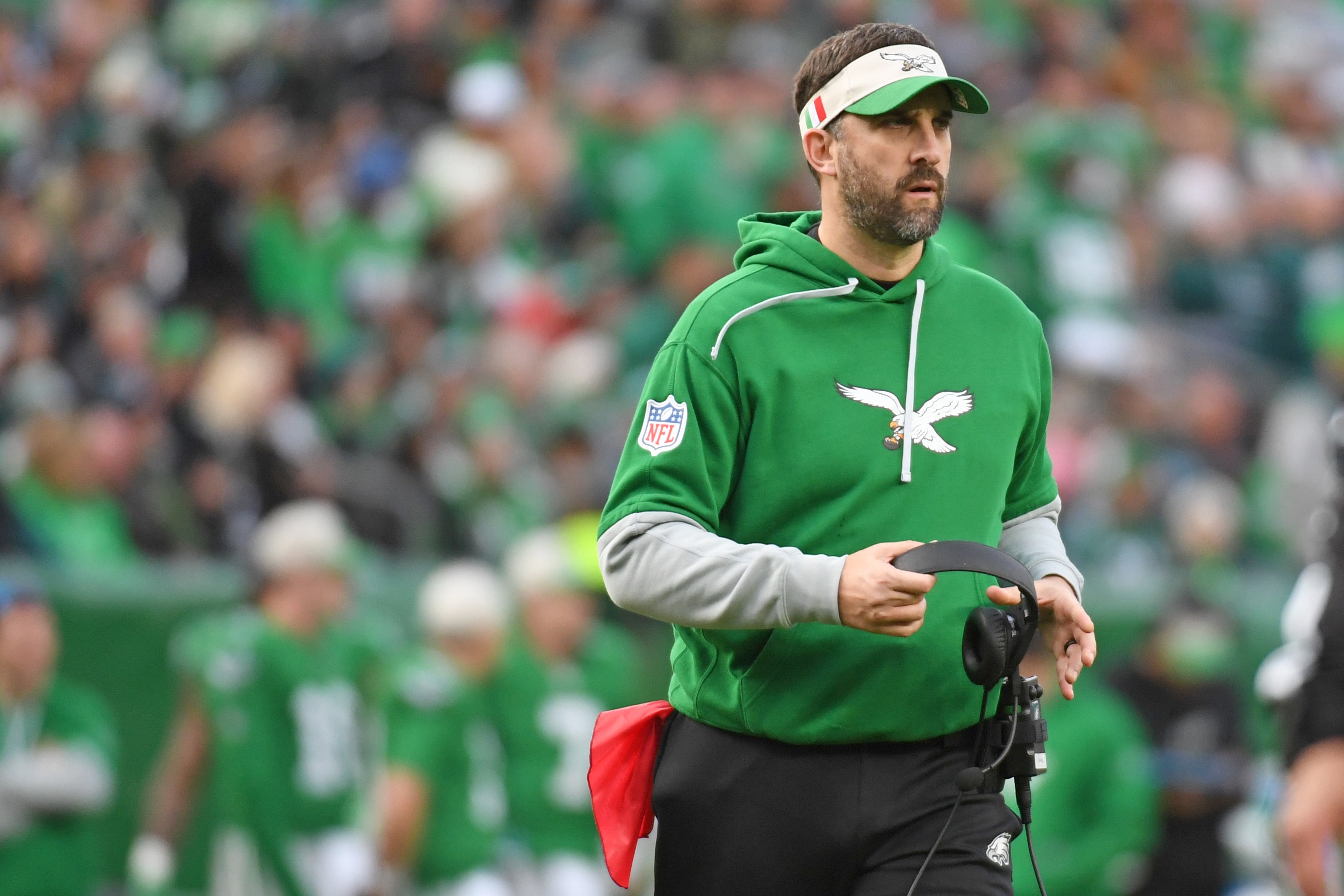 Philadelphia Eagles head coach Nick Sirianni runs on to the field during the third quarter against the Dallas Cowboys at Lincoln Financial Field.