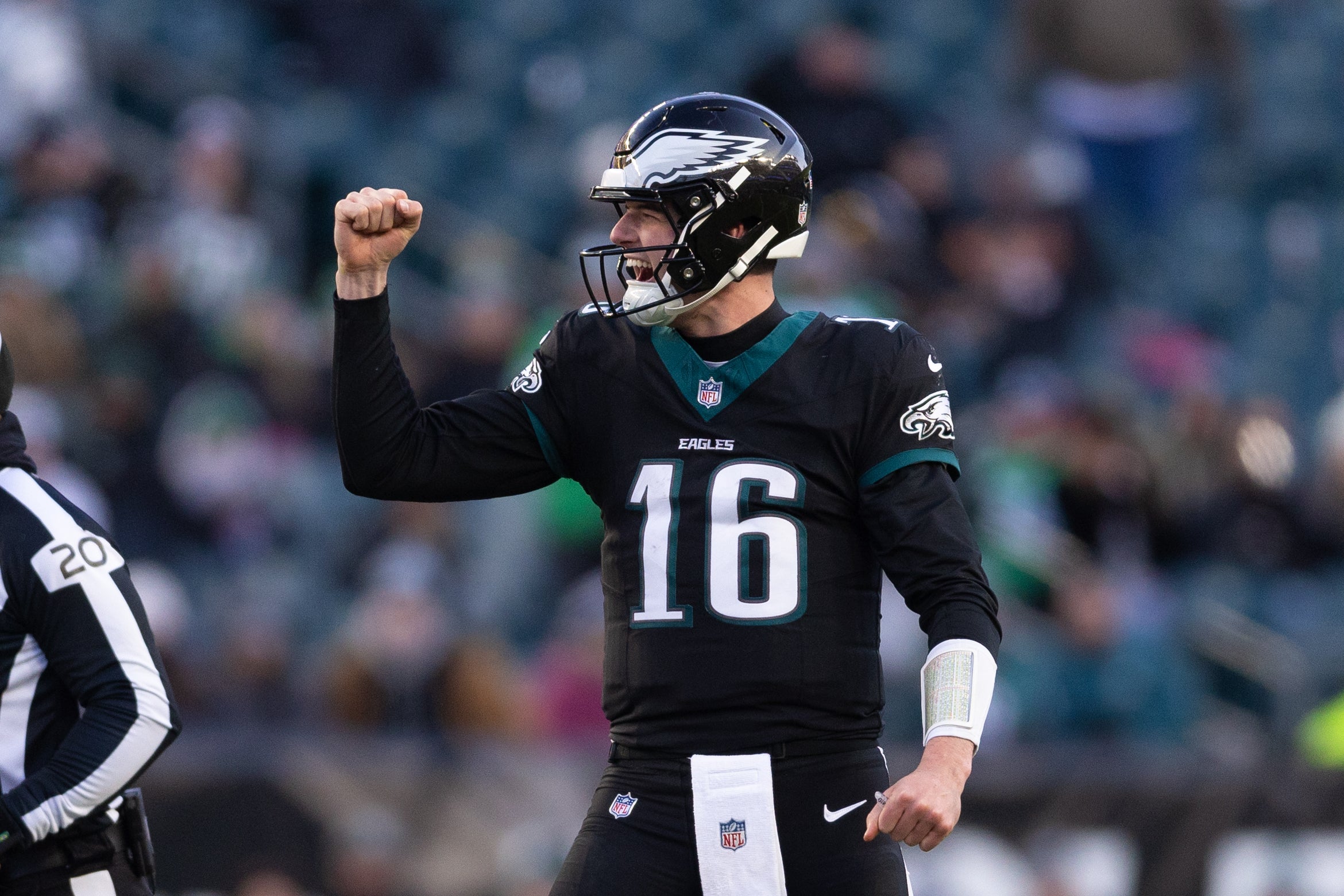 Philadelphia Eagles quarterback Tanner McKee (16) reacts after drawing the New York Giants offsides during the fourth quarter at Lincoln Financial Field.
