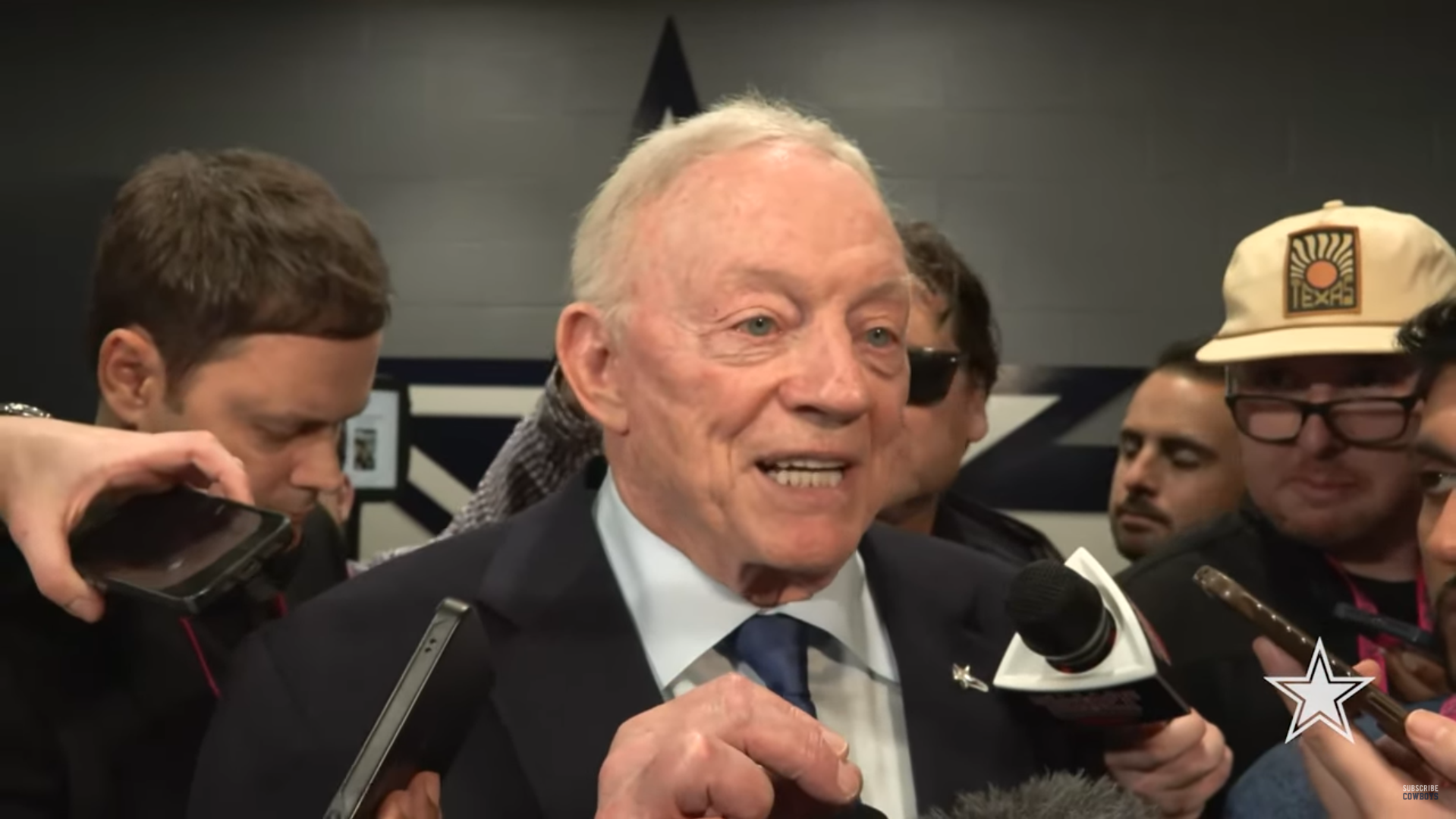 Dallas Cowboys owner Jerry Jones talks to reporters following 2024 regular season finale.