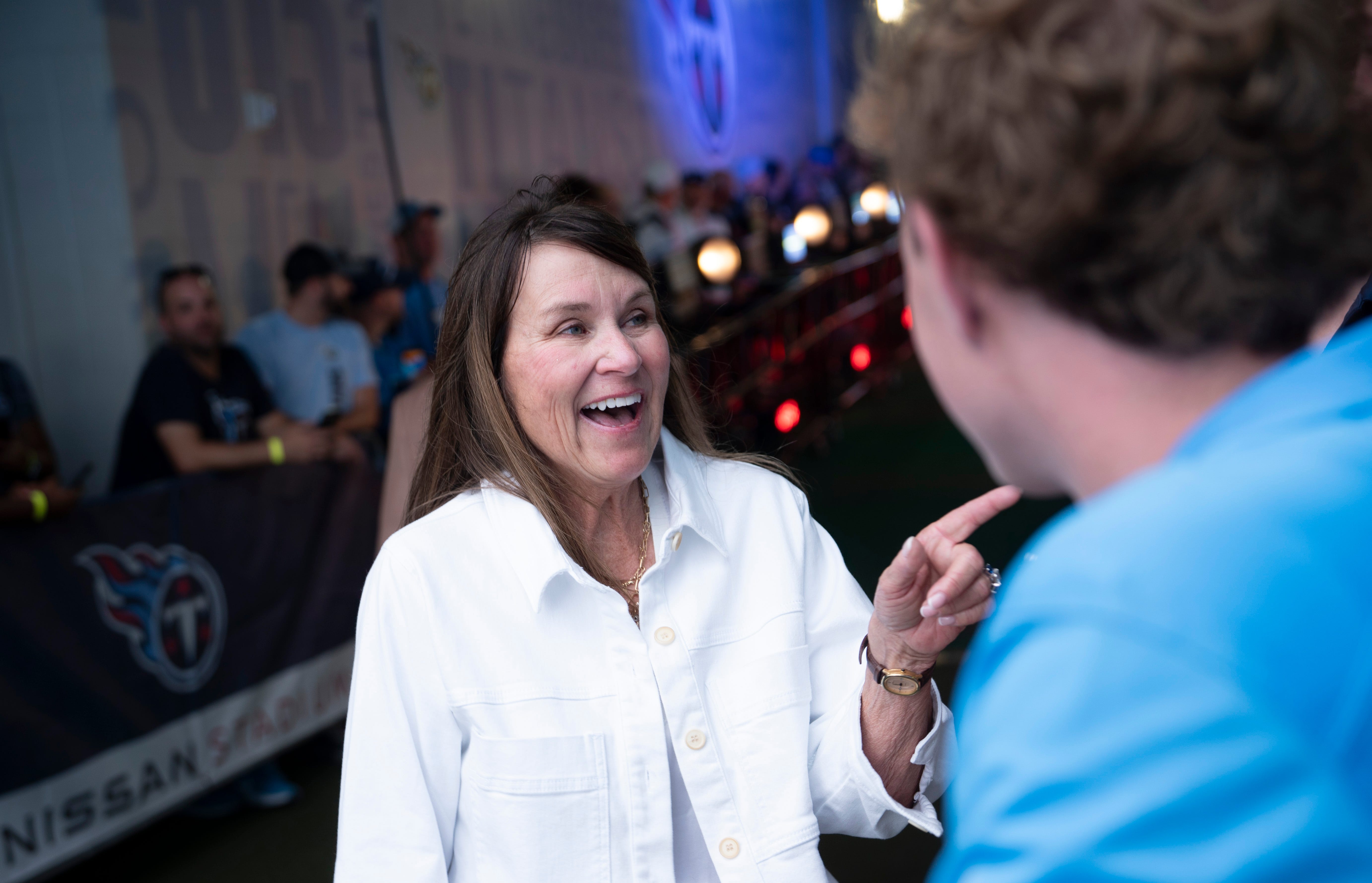 Amy Adams Strunk visits with fans before their game against the New York Jets at Nissan Stadium in Nashville, Tenn., Sunday, Sept. 15, 2024 Denny Simmons / The Tennessean-USA TODAY NETWORK via Imagn Images