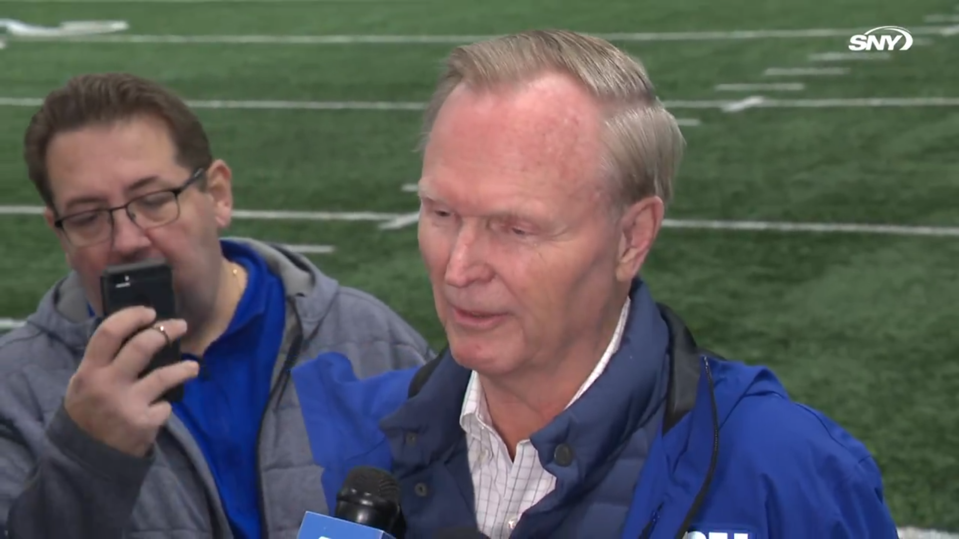 New York Giants owner John Mara talks to reporters after announcing returns of Joe Schoen and Brian Daboll.