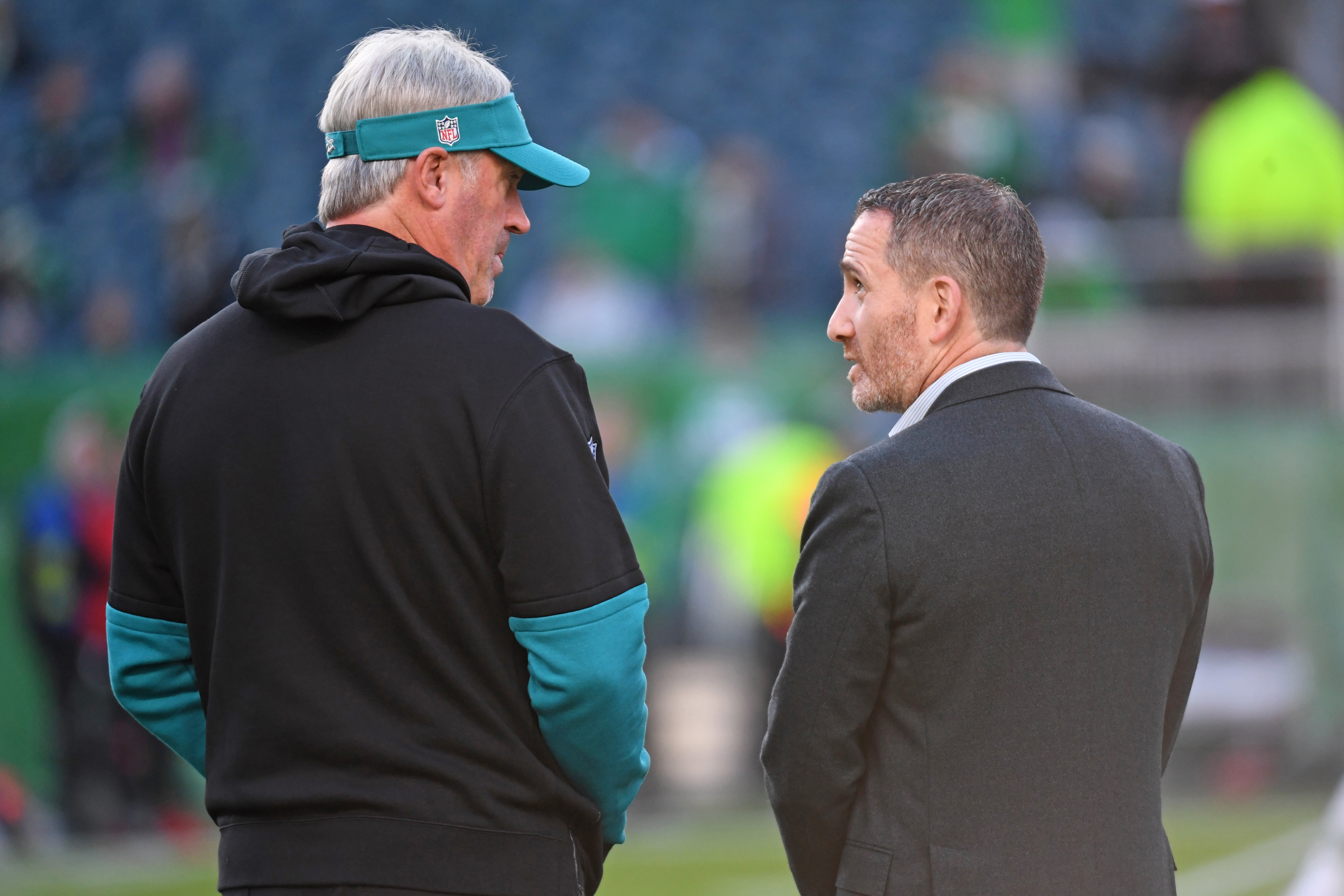 Jacksonville Jaguars head coach Doug Pederson and Philadelphia Eagles general manager Howie Roseman on the field at Lincoln Financial Field.