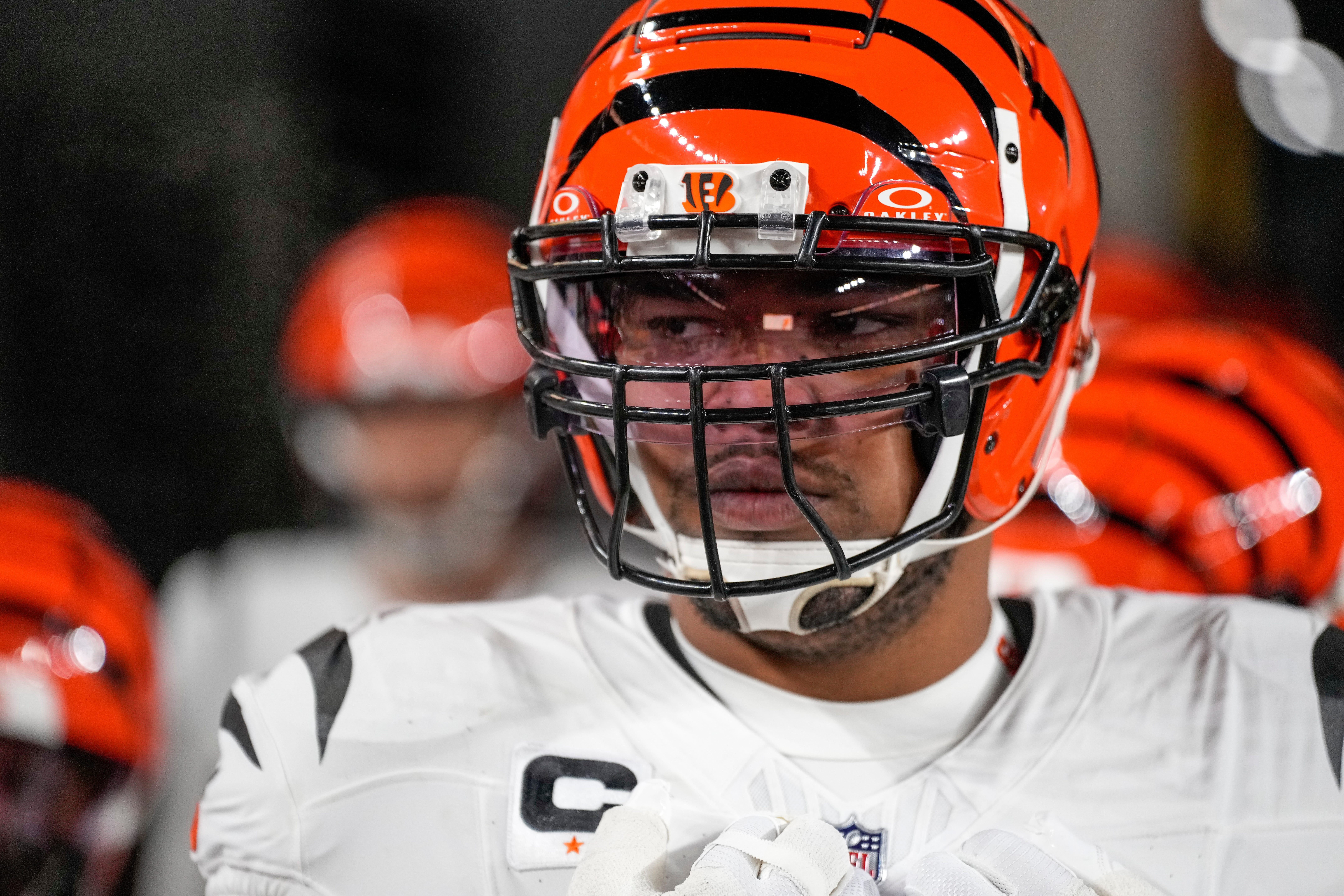 Cincinnati Bengals offensive tackle Orlando Brown Jr. (75) takes the field for the first quarter of the NFL Week 18 game between the Pittsburgh Steelers and the Cincinnati Bengals at Acrisure Stadium in Pittsburgh on Saturday, Jan. 4, 2025.