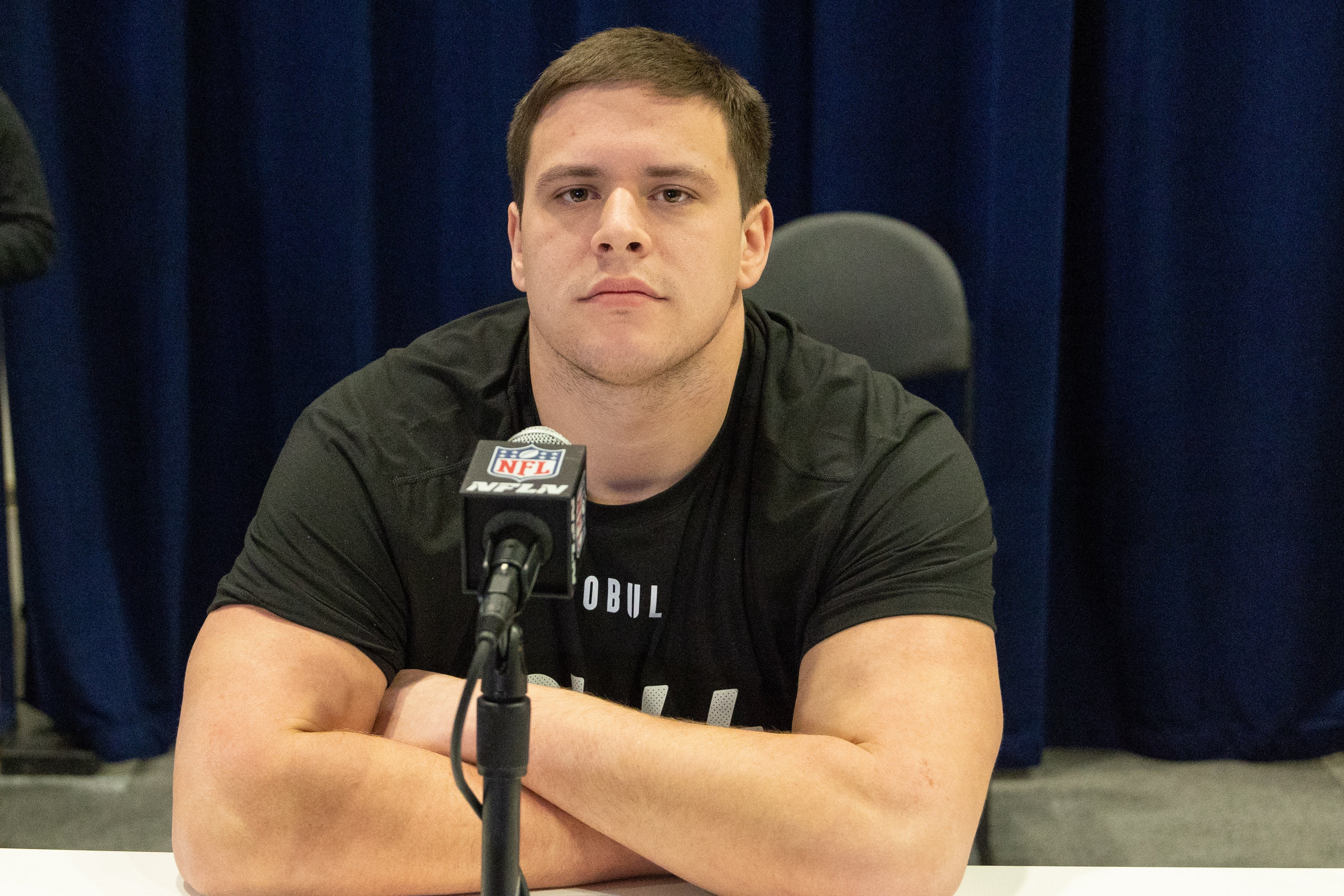 Mar 4, 2023; Indianapolis, IN, USA; Arkansas offensive lineman Ricky Stromberg (OL44) speaks to the press at the NFL Combine at Lucas Oil Stadium.