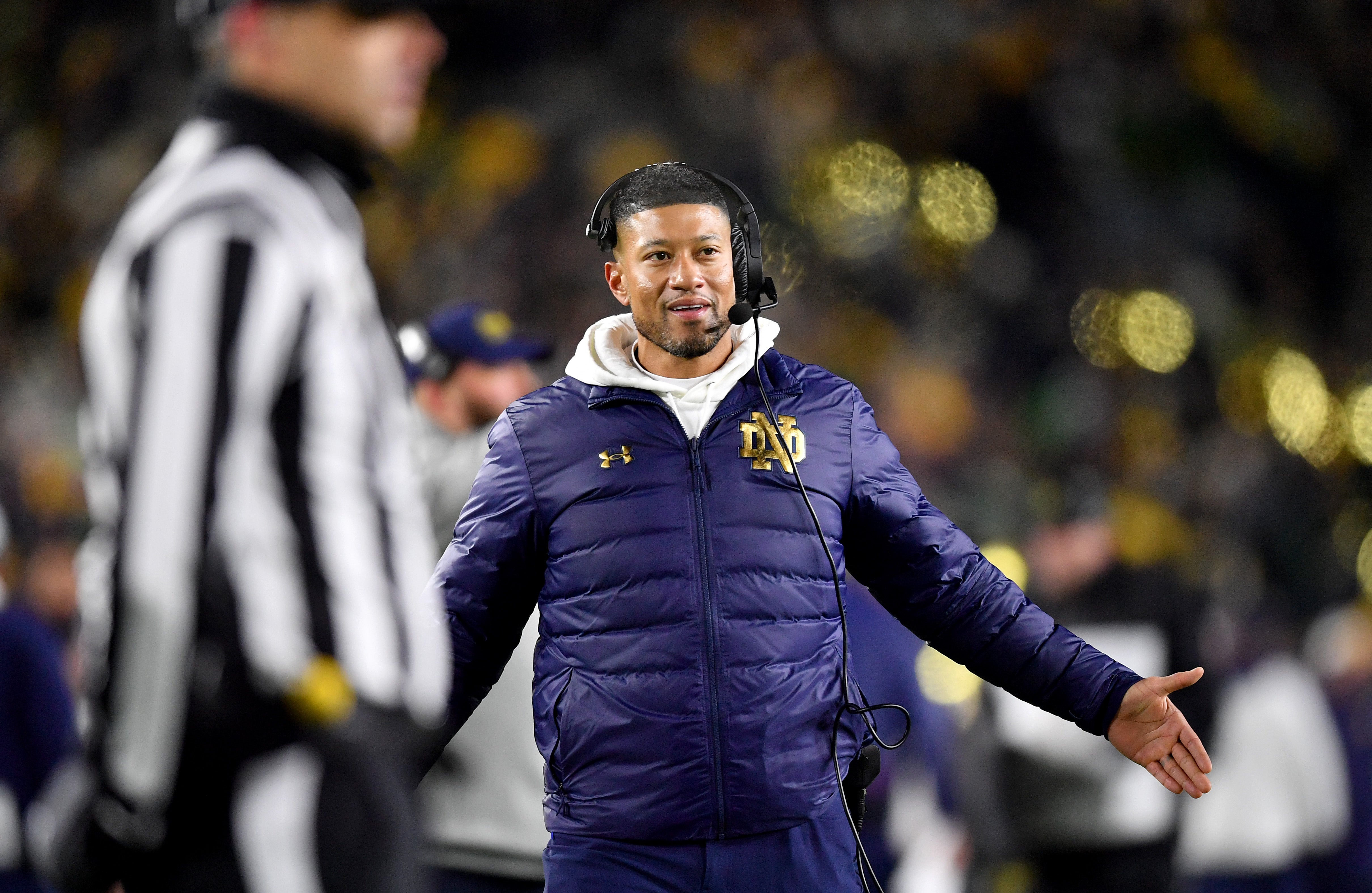 Notre Dame Fighting Irish head coach Marcus Freeman during the first quarter against the Indiana Hoosiers at Notre Dame Stadium.