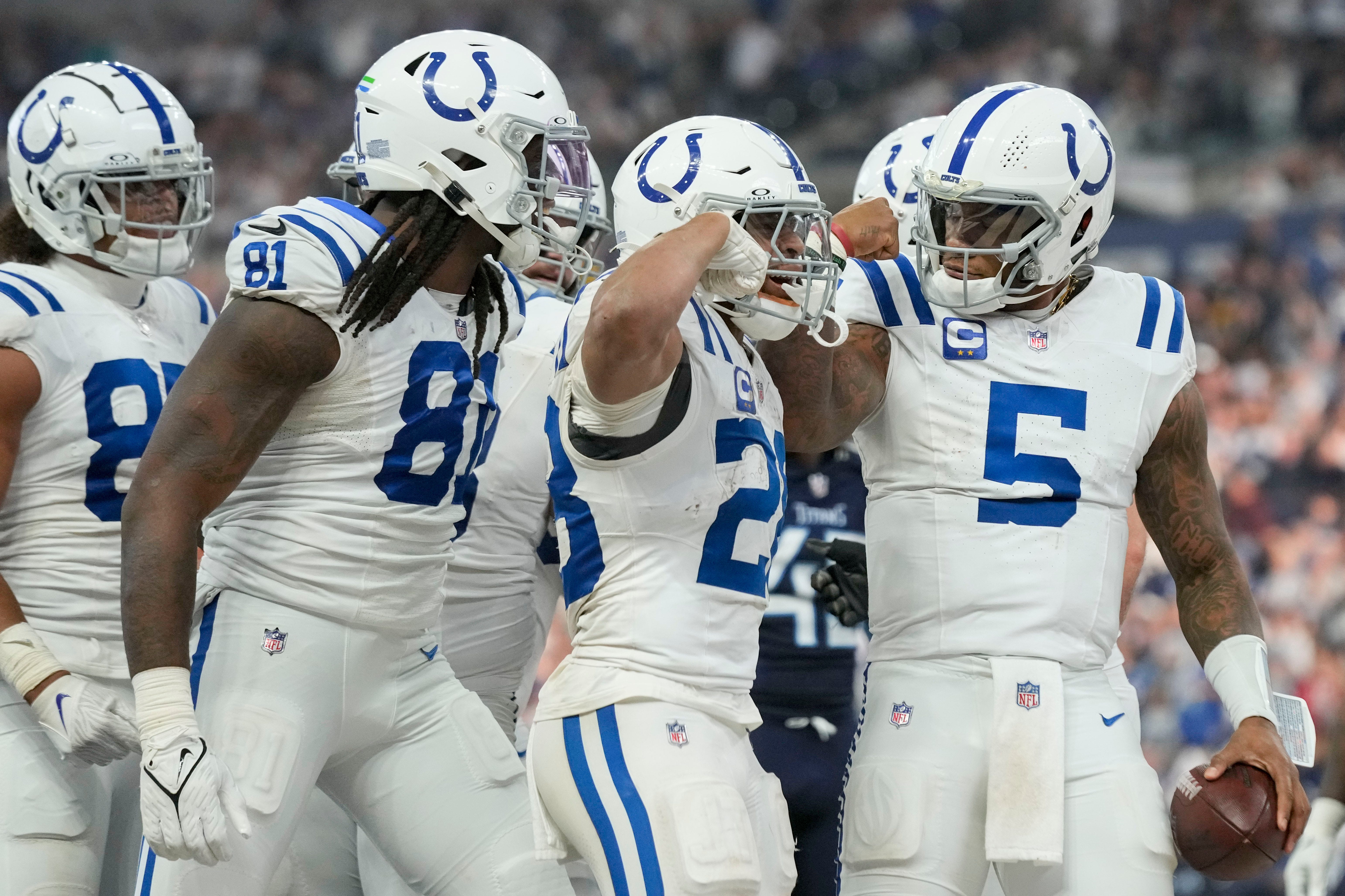 Indianapolis Colts quarterback Anthony Richardson (5) celebrates after thinking he scored a touchdown Sunday, Dec. 22, 2024, during a game against the Tennessee Titans at Lucas Oil Stadium in Indianapolis. The ball was ruled down at the half yard line.