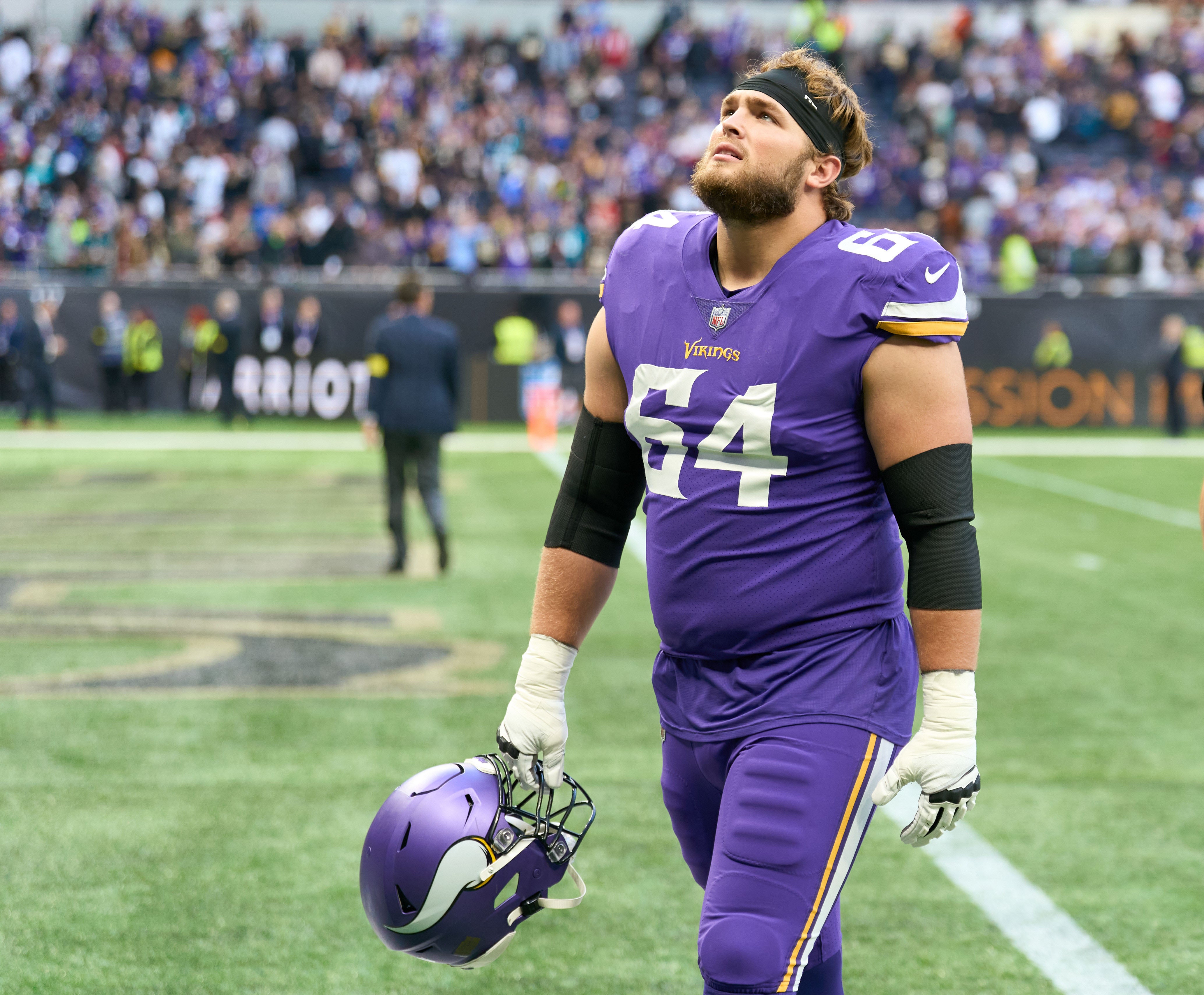 Oct 2, 2022; London, United Kingdom; Minnesota Vikings offensive tackle Blake Brandel (64) during the NFL International Series game at Tottenham Hotspur Stadium.