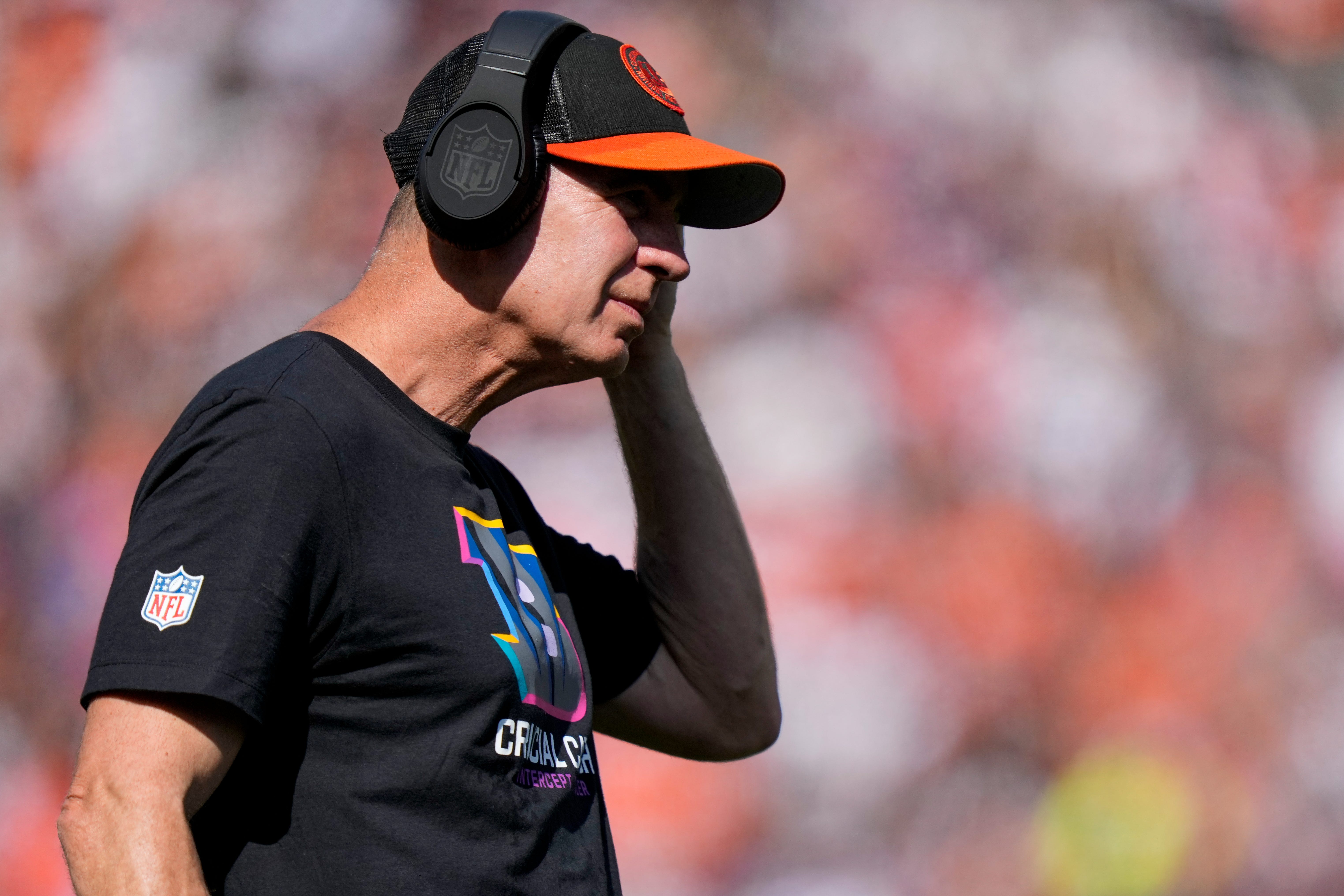 Cincinnati Bengals defensive coordinator Lou Anarumo looks on from the sideline in the second quarter of the NFL Week 5 game between the Cincinnati Bengals and Baltimore Ravens at Paycor Stadium in downtown Cincinnati on Sunday, Oct. 6, 2024. The Bengals led 17-14 at halftime.