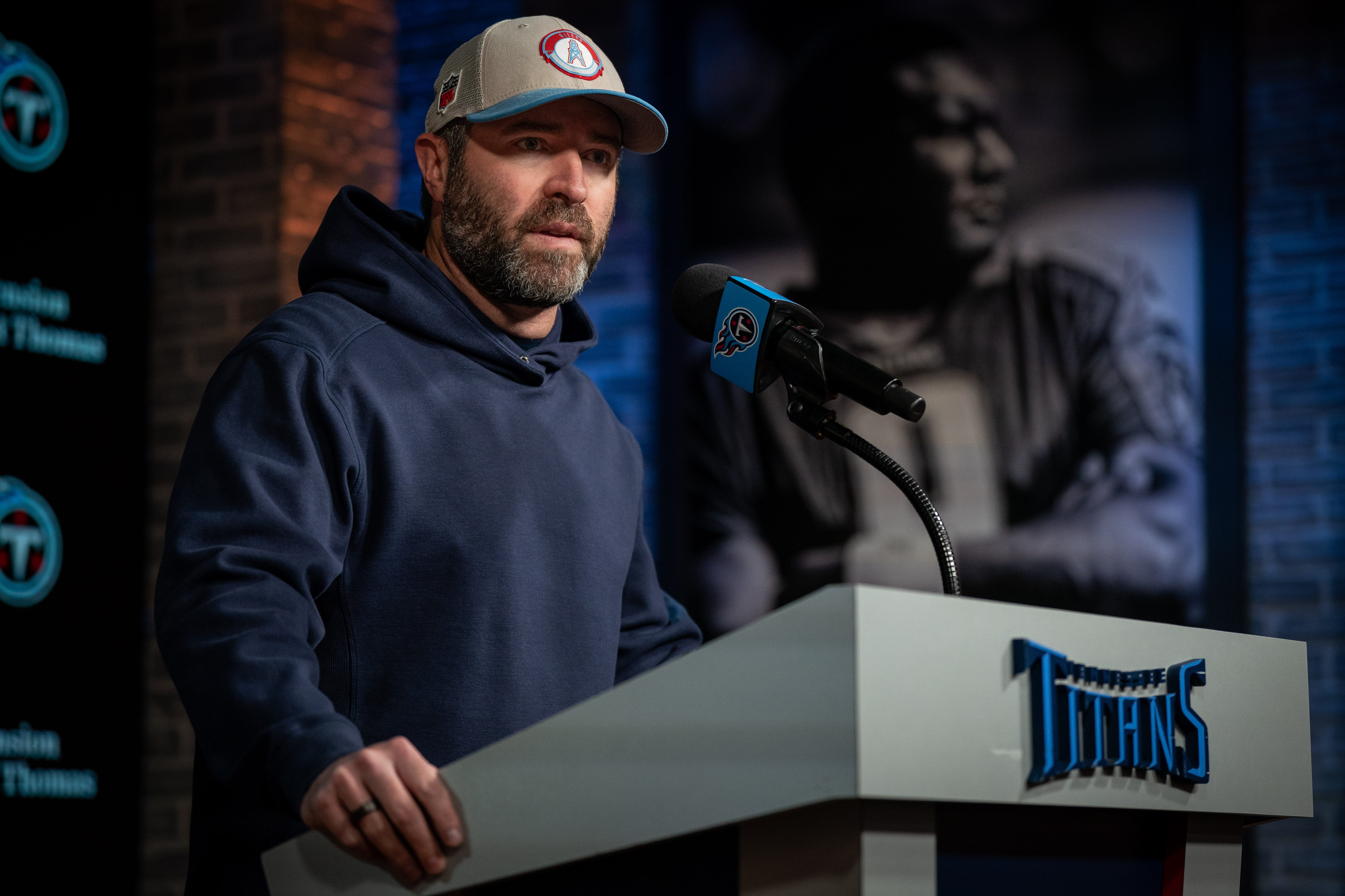 Tennessee Titans head coach Brian Callahan speaks during a press conference at Ascension Saint Thomas Sports Park in Nashville, Tenn., Monday, Jan. 6, 2025.
