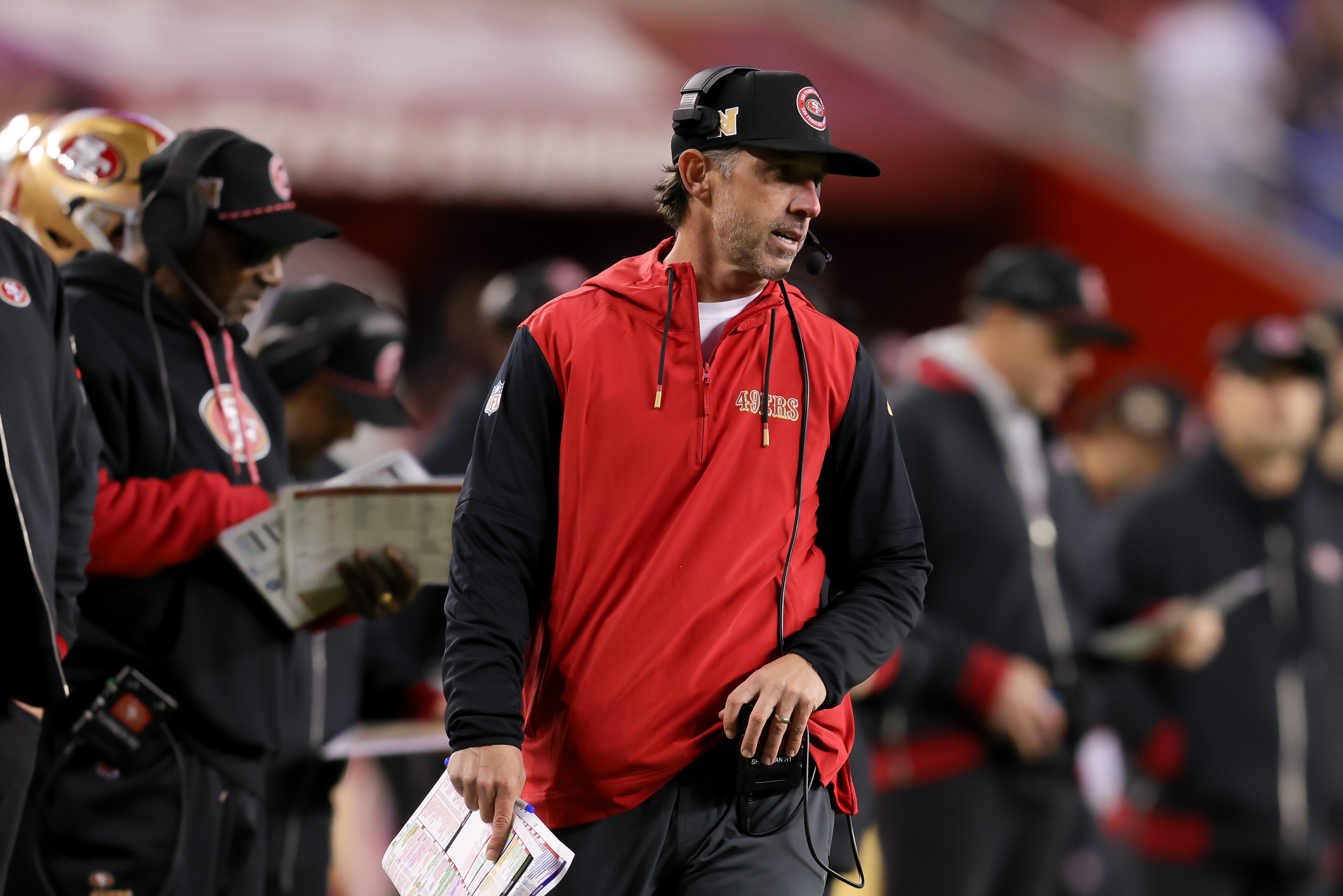 San Francisco 49ers head coach Kyle Shanahan walks the sidelines during the fourth quarter against the Detroit Lions at Levi's Stadium.