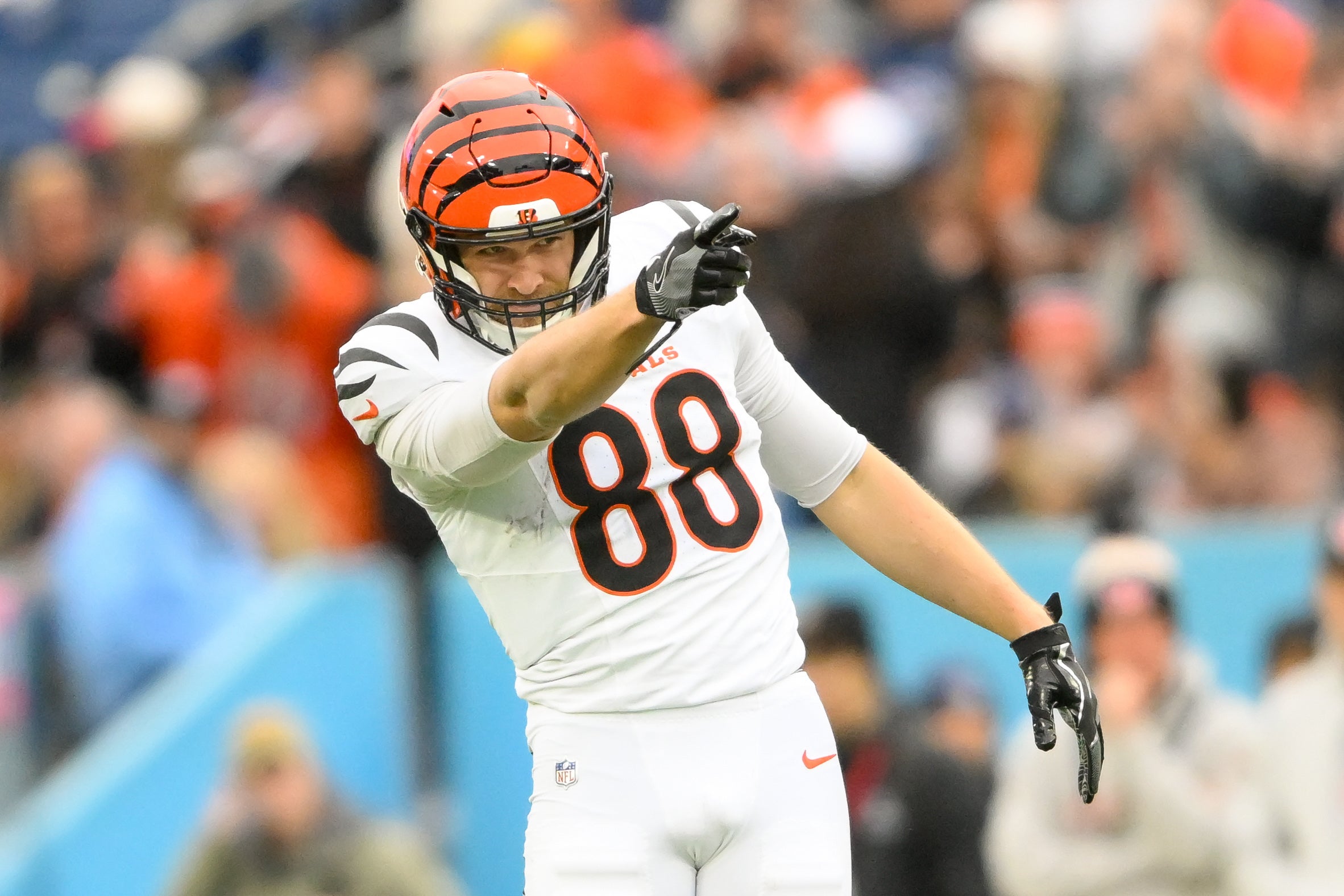 Dec 15, 2024; Nashville, Tennessee, USA; Cincinnati Bengals tight end Mike Gesicki (88) reacts to the crowd after a made catch against the Tennessee Titans during the first half at Nissan Stadium.