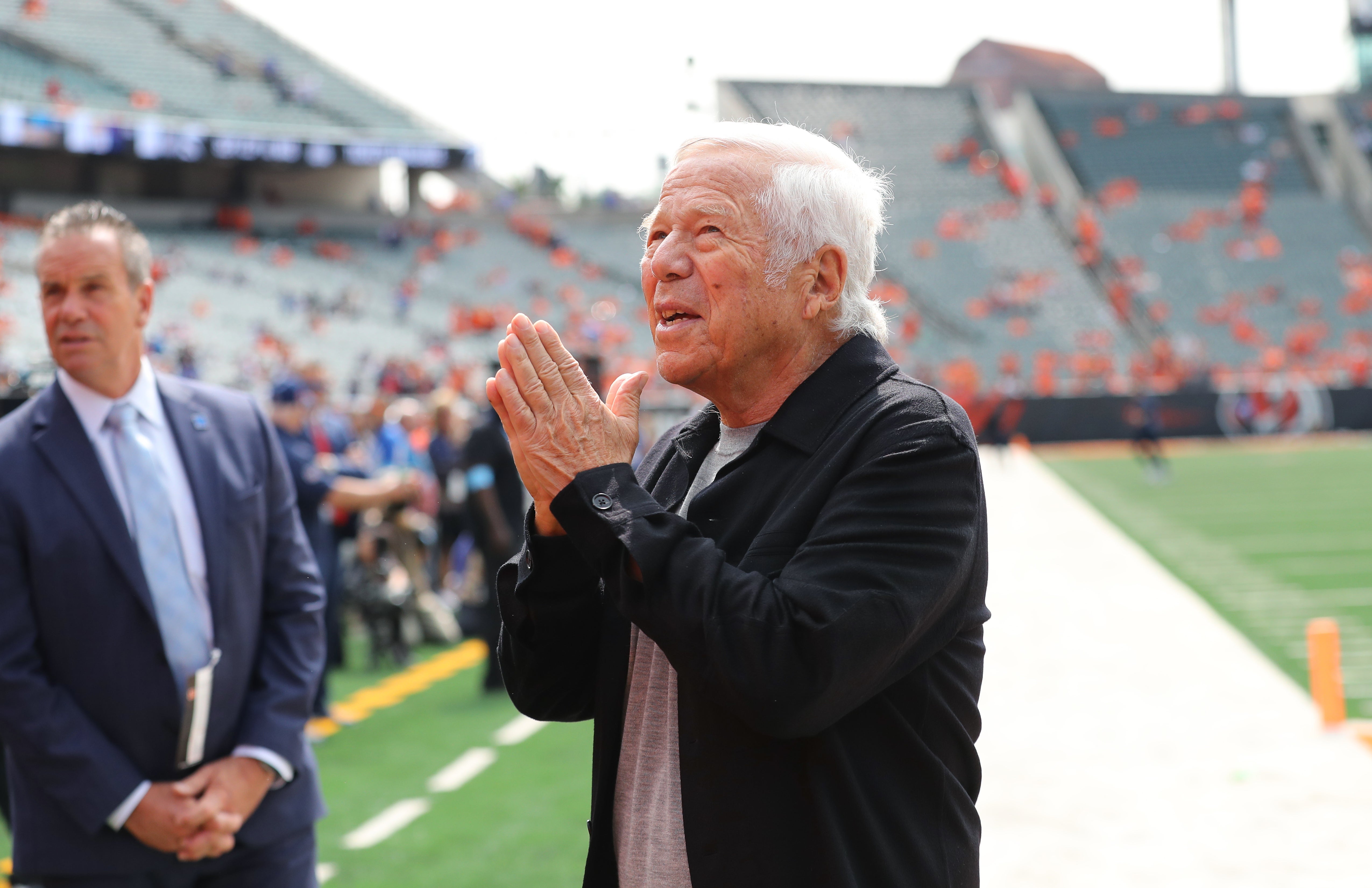 Sep 8, 2024; Cincinnati, Ohio, USA; against the New England Patriots owner Robert Kraft before the game between the Cincinnati Bengals and the New England Patriots at Paycor Stadium.